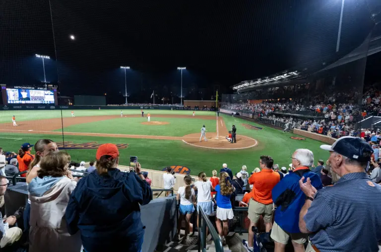 Fans stand for the final out of the game as Auburn Tigers take on Milwaukee Panthers during the NCAA Regional Baseball tournament.