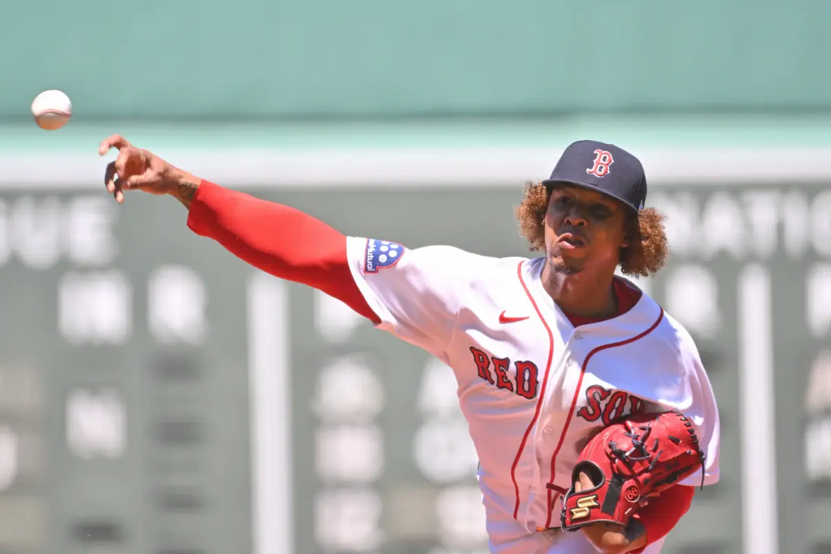 Boston Red Sox starting pitcher Brayan Bello pitching against the Baltimore Orioles during the first inning at Fenway Park in Boston, Massachusetts, on June 4, 2026.