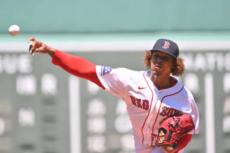 Boston Red Sox starting pitcher Brayan Bello pitching against the Baltimore Orioles during the first inning at Fenway Park in Boston, Massachusetts, on June 4, 2026.