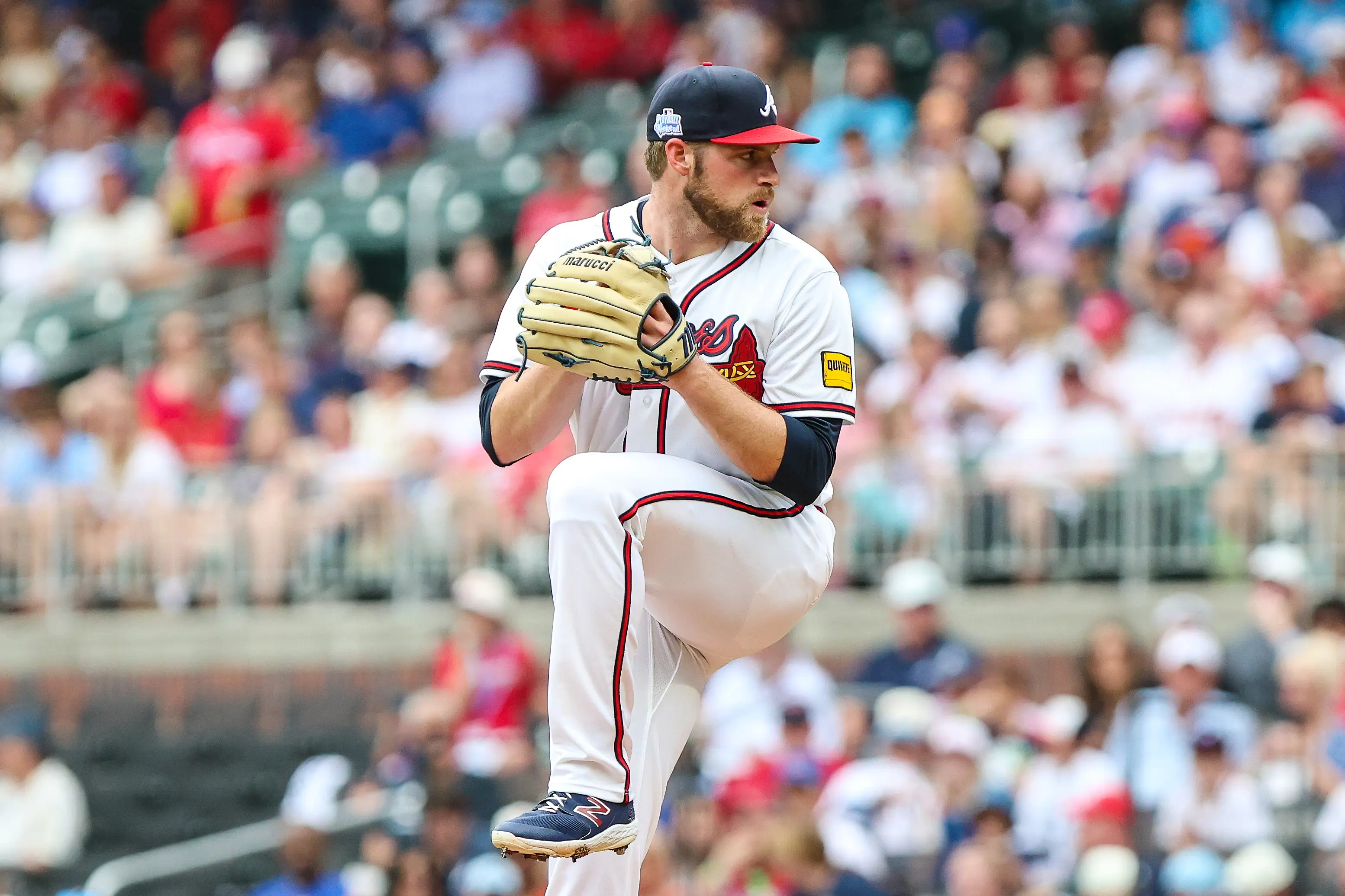 Atlanta Braves starting pitcher Bryce Elder pitching against the Pittsburgh Pirates during the first inning at Truist Park in Cumberland, Georgia on June 7, 2026.