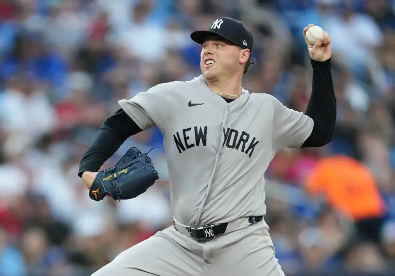 Yankees starting pitcher Ryan Weathers (40) throws a pitch against the Toronto Blue Jays during the first inning at Rogers Centre.