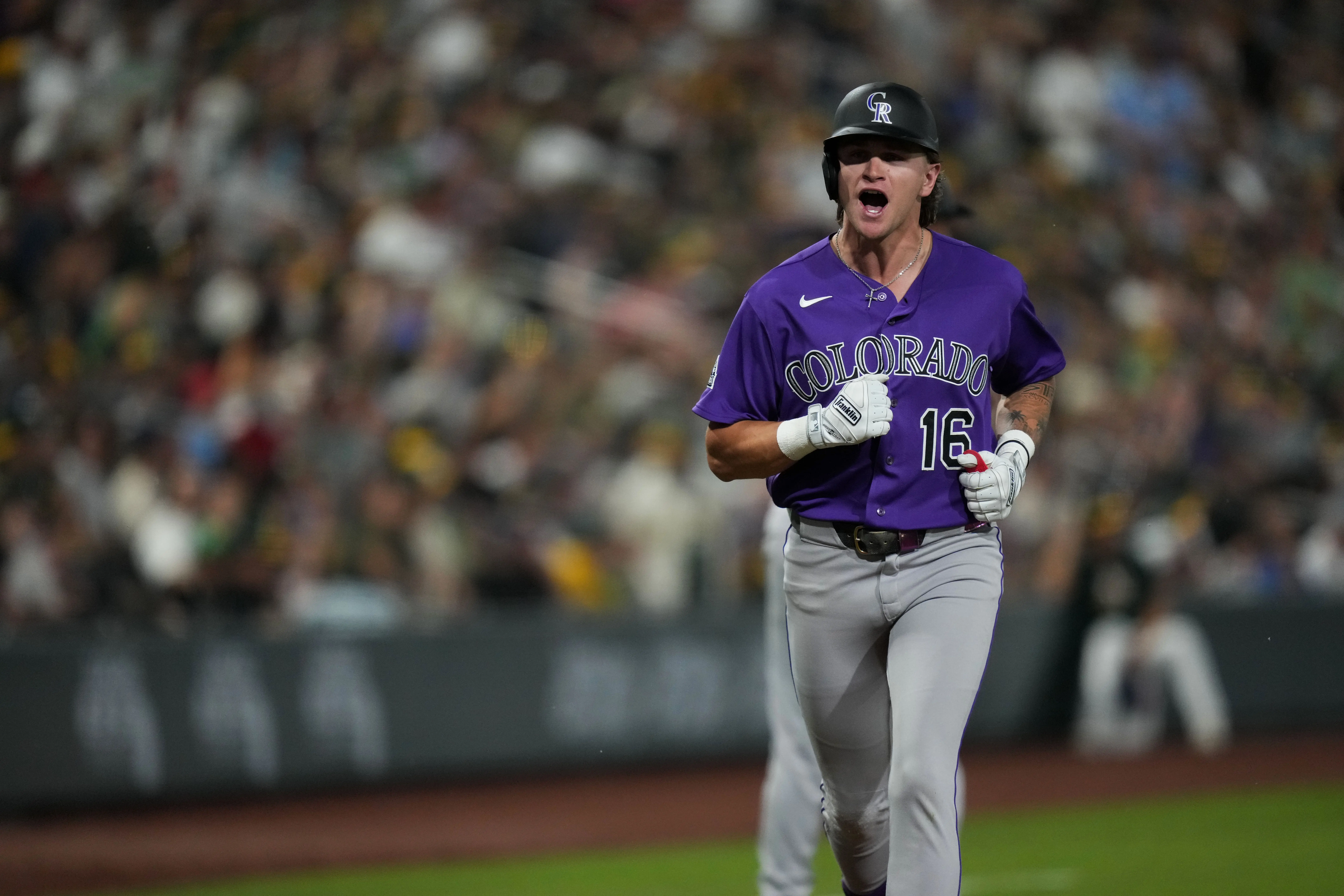 Colorado Rockies outfielder Cole Carrigg celebrating after hitting a three-run home run vs the Athletics in the sixth inning at the Las Vegas Ballpark in Summerlin, Nevada on June 12, 2026