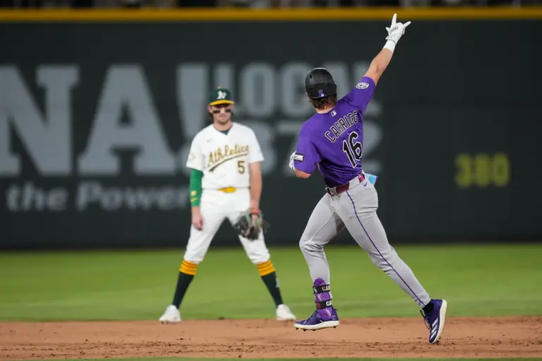 Colorado Rockies outfielder Cole Carrigg celebrating after hitting a three-run home run vs the Athletics at the Las Vegas ballpark in Summerlin, Nevada on June 12, 2026.