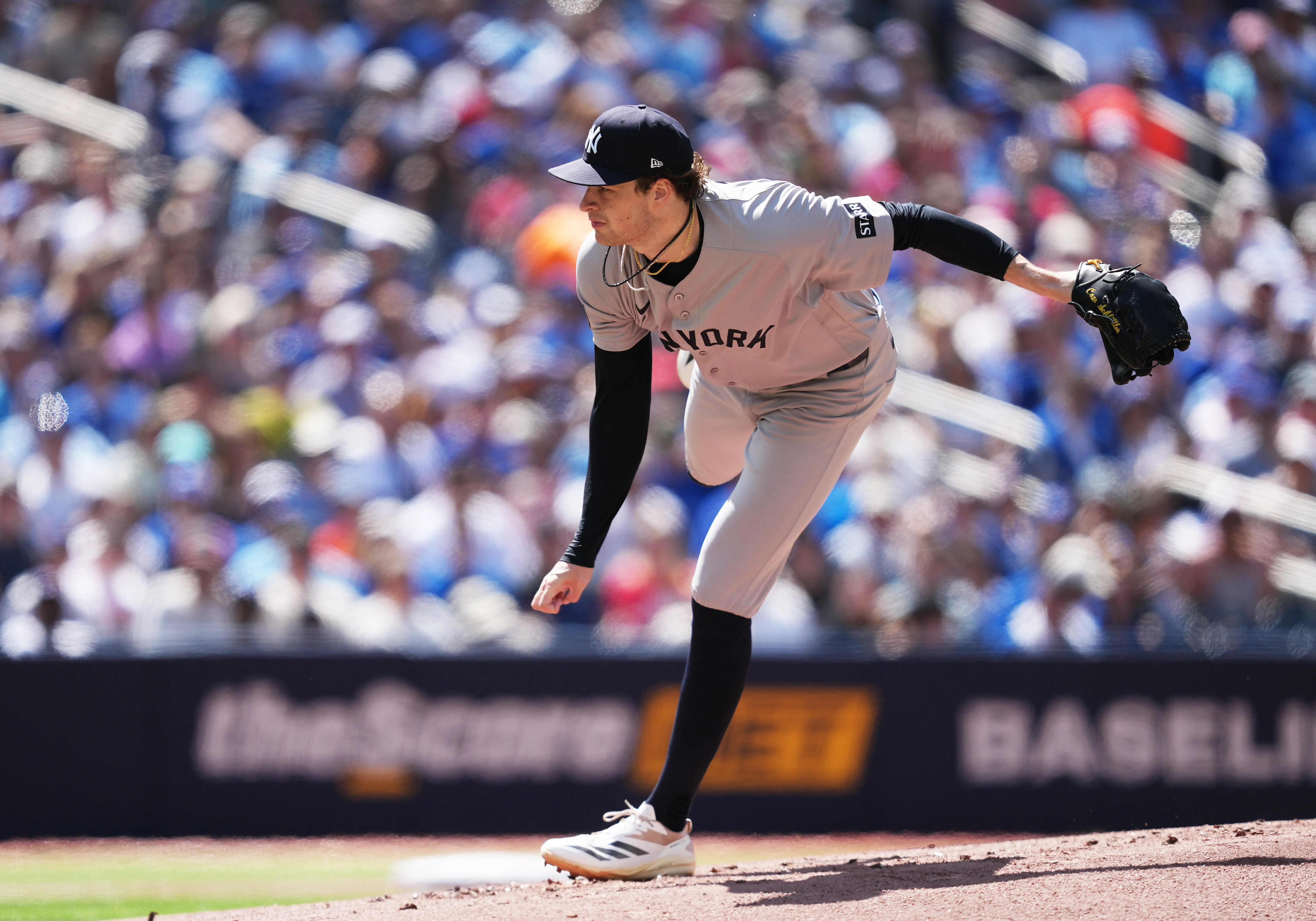 New York Yankees starting pitcher Cam Schlittler pitching during the first inning vs the Toronto Blue Jays at Rogers Centre in Toronto, Ontario, Canada on June 13, 2026.