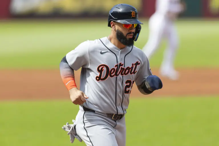 Tigers second baseman Gleyber Torres (25) crosses home plate to score the first run of the game against the Cleveland Guardians during the first inning at Progressive Field.