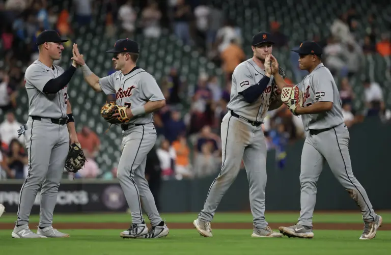 Tigers first baseman Spencer Torkelson (20) high fives shortstop Kevin McGonigle (7) while third baseman Colt Keith (33) high fives Hao-Yu Lee after defeating the Houston Astros at Daikin Park.
