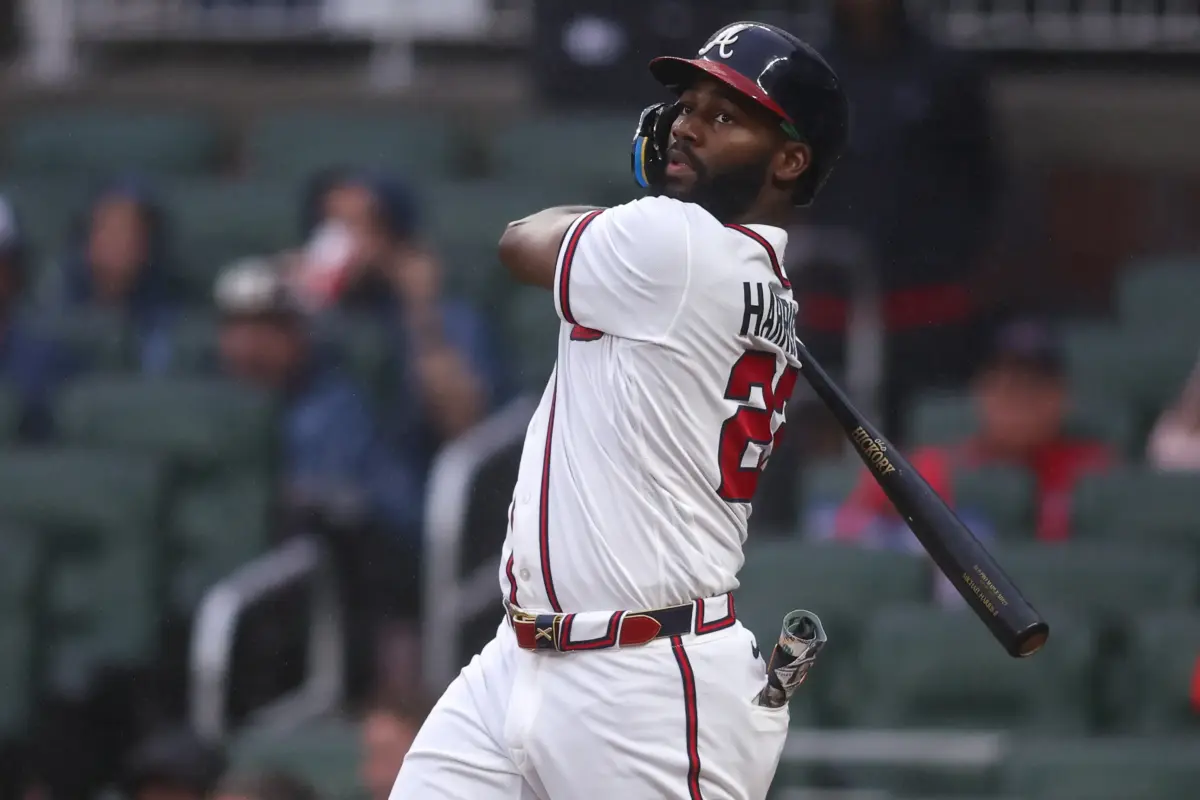 Braves center fielder Michael Harris II (23) bats against the San Francisco Giants in the first inning at Truist Park.