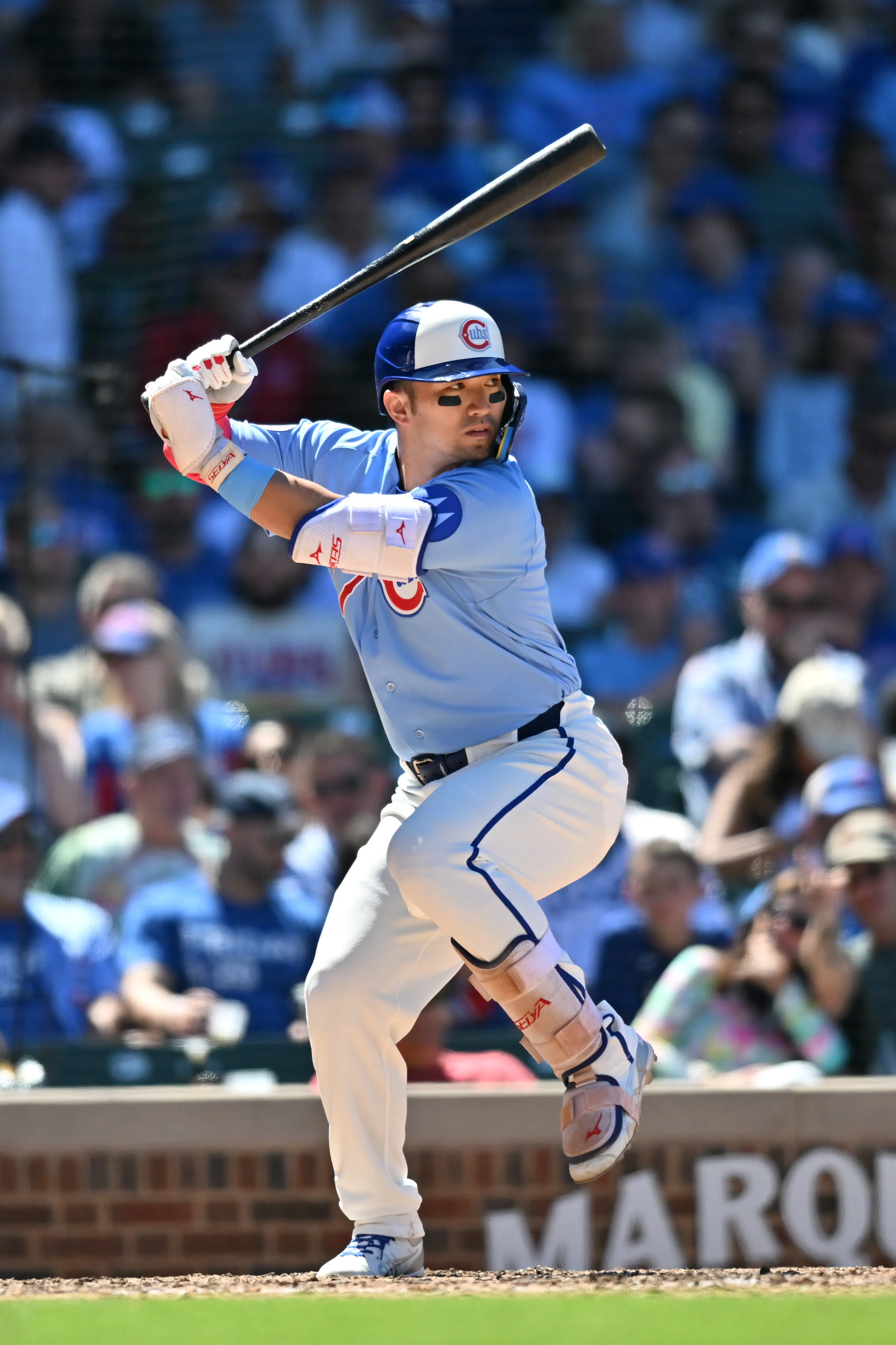Chicago Cubs designated hitter Seiya Suzuki during an at-bat vs the Toronto Blue Jays at Wrigley Field in Chicago, Illinois on June 19, 2026.