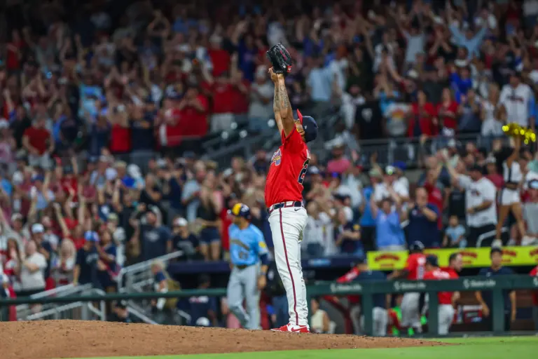 Atlanta Braves closer Raisel Iglesias reacting after clinching a victory vs the Milwaukee Brewers at Truist Park in Atlanta, Georgia on June 19, 2026.