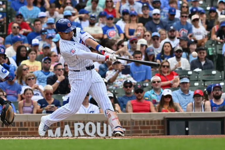 Chicago Cubs designated hitter Seiya Suzuki hitting a single vs the Toronto Blue Jays during the first inning at Wrigley Field in Chicago, Illinois on June 20, 2026.