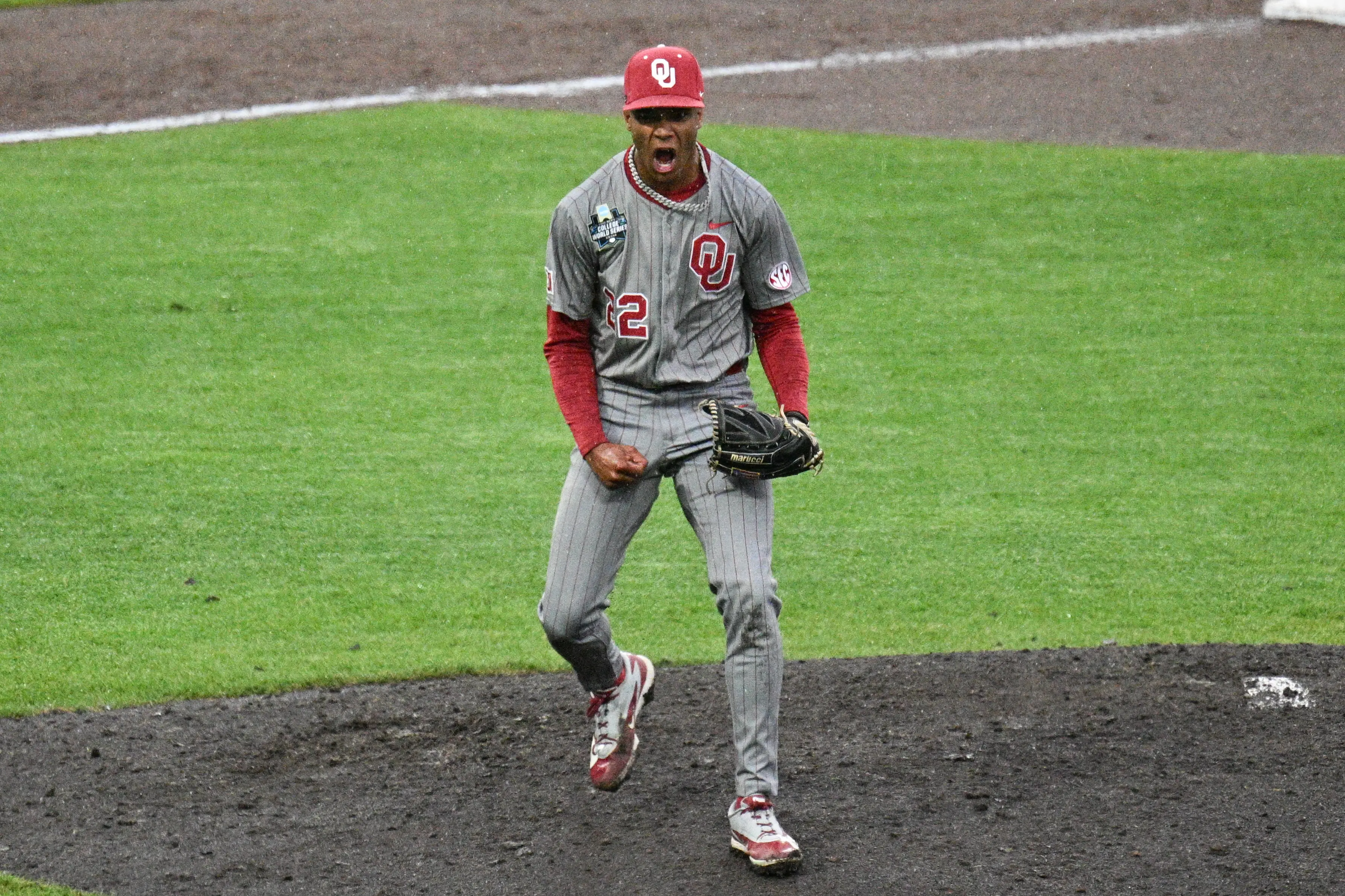 Oklahoma Sooners pitcher LJ Mercurius reacts after clinching the win in game one vs the North Carolina Tar Heels during the College World Series at Charles Schwab Field in Omaha, Nebraska on June 20, 2026.