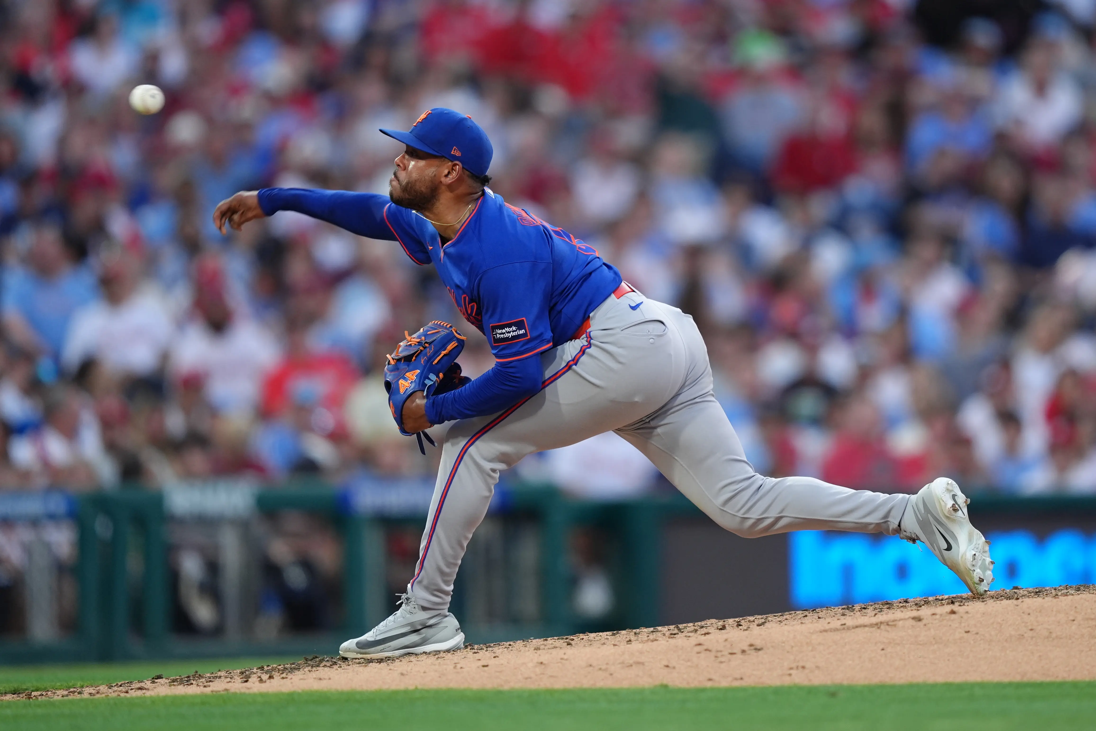 Mets starting pitcher Freddy Peralta (51) throws a pitch against the Philadelphia Phillies in the second inning at Citizens Bank Park.