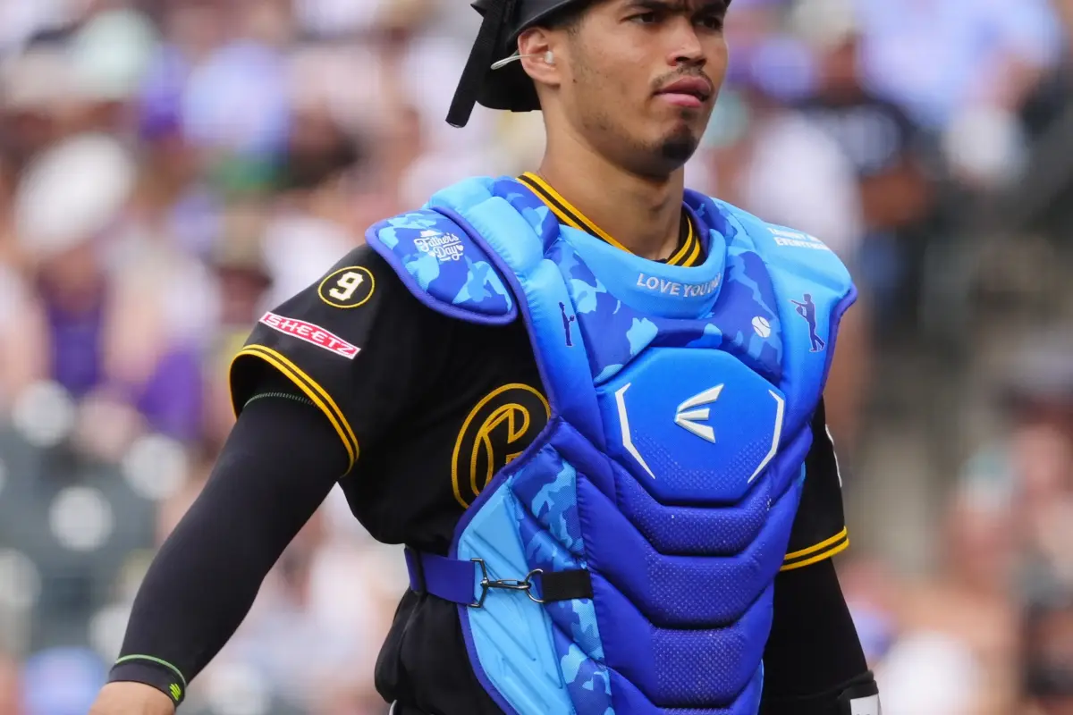 Pittsburgh Pirates catcher Endy Rodriguez during the fourth inning vs the Colorado Rockies at Coors Field in Denver, Colorado on June 21, 2026.
