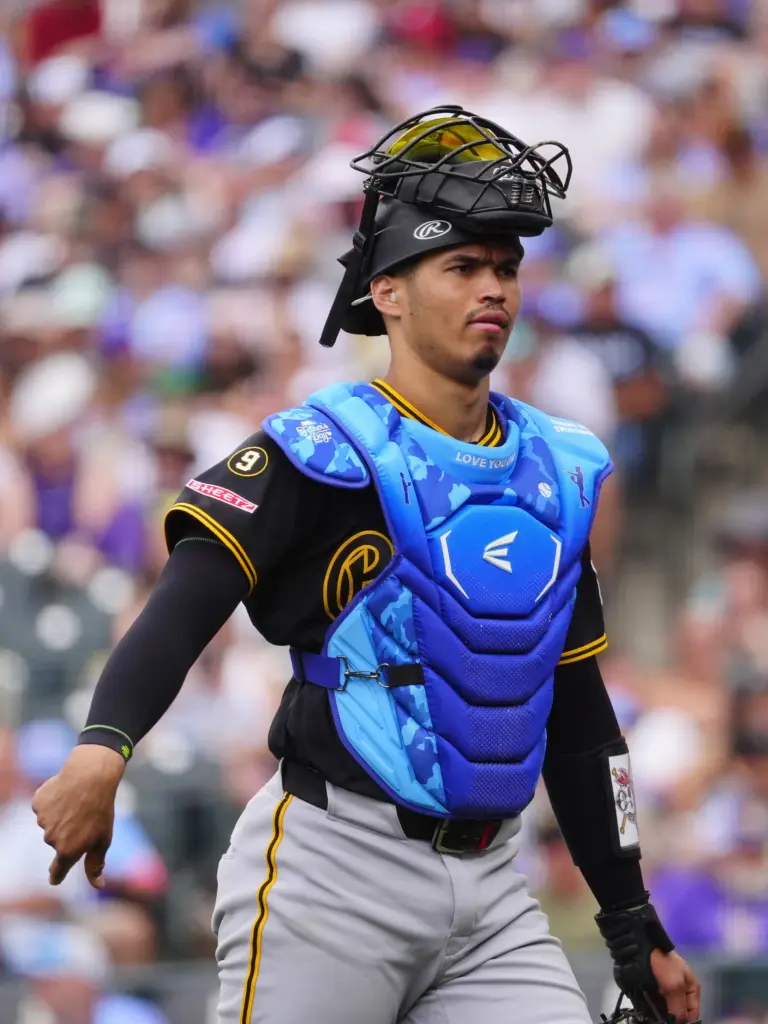 Pittsburgh Pirates catcher Endy Rodriguez during the fourth inning vs the Colorado Rockies at Coors Field in Denver, Colorado on June 21, 2026.