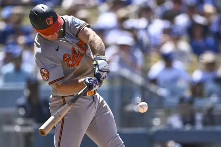 Orioles first baseman Pete Alonso (25) hits a three-run home run against the Dodgers during seventh inning at Dodger Stadium.