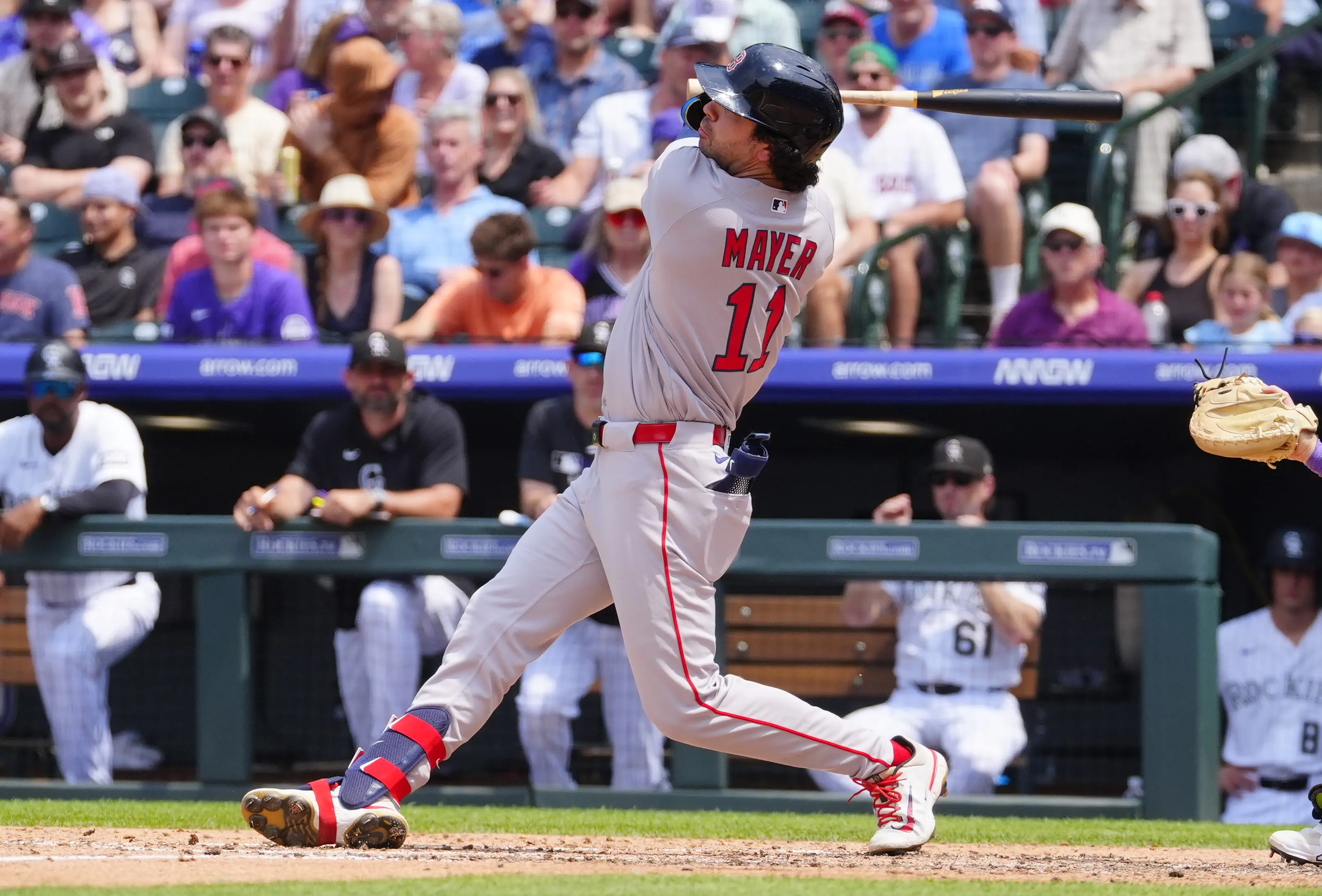 Boston Red Sox shortstop Marcelo Mayer doubles in fifth inning vs the Colorado Rockies at Coors Field in Denver, Colorado on June 24, 2026.