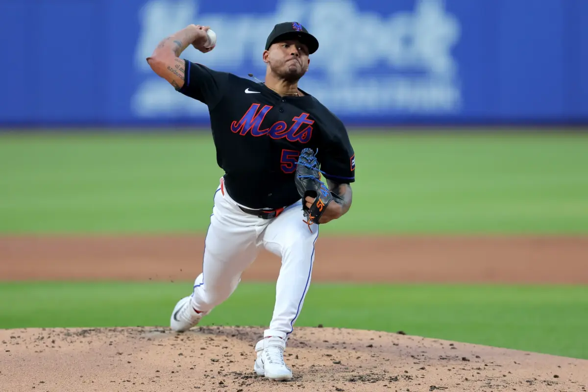 New York Mets starting pitcher Freddy Peralta pitching vs the Chicago Cubs during the third inning at Citi Field in New York City, New York on June 25, 2026.