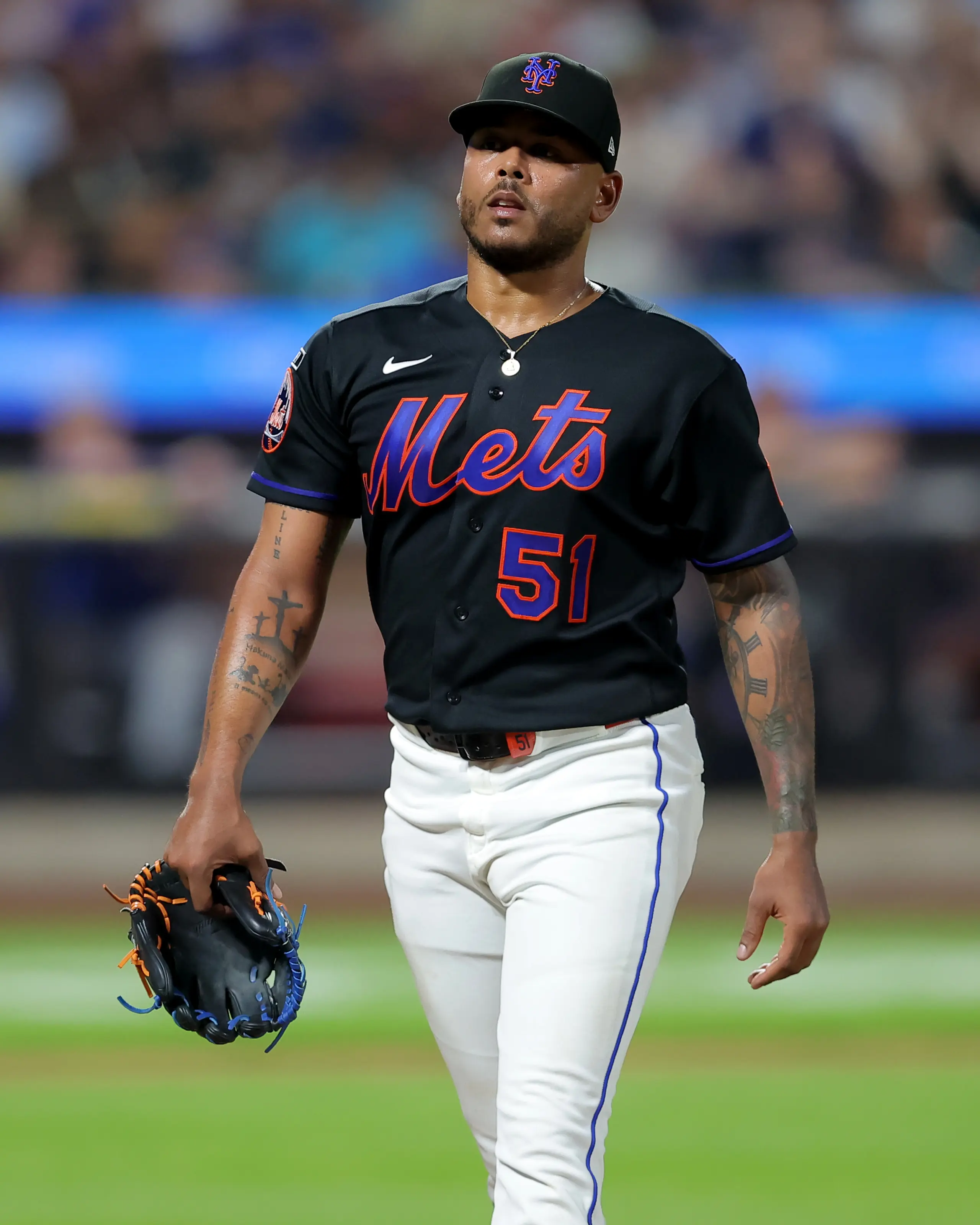 New York Mets starting pitcher Freddy Peralta leaving the game vs the Chicago Cubs during the sixth inning at Citi Field in New York City, New York on June 25, 2026.