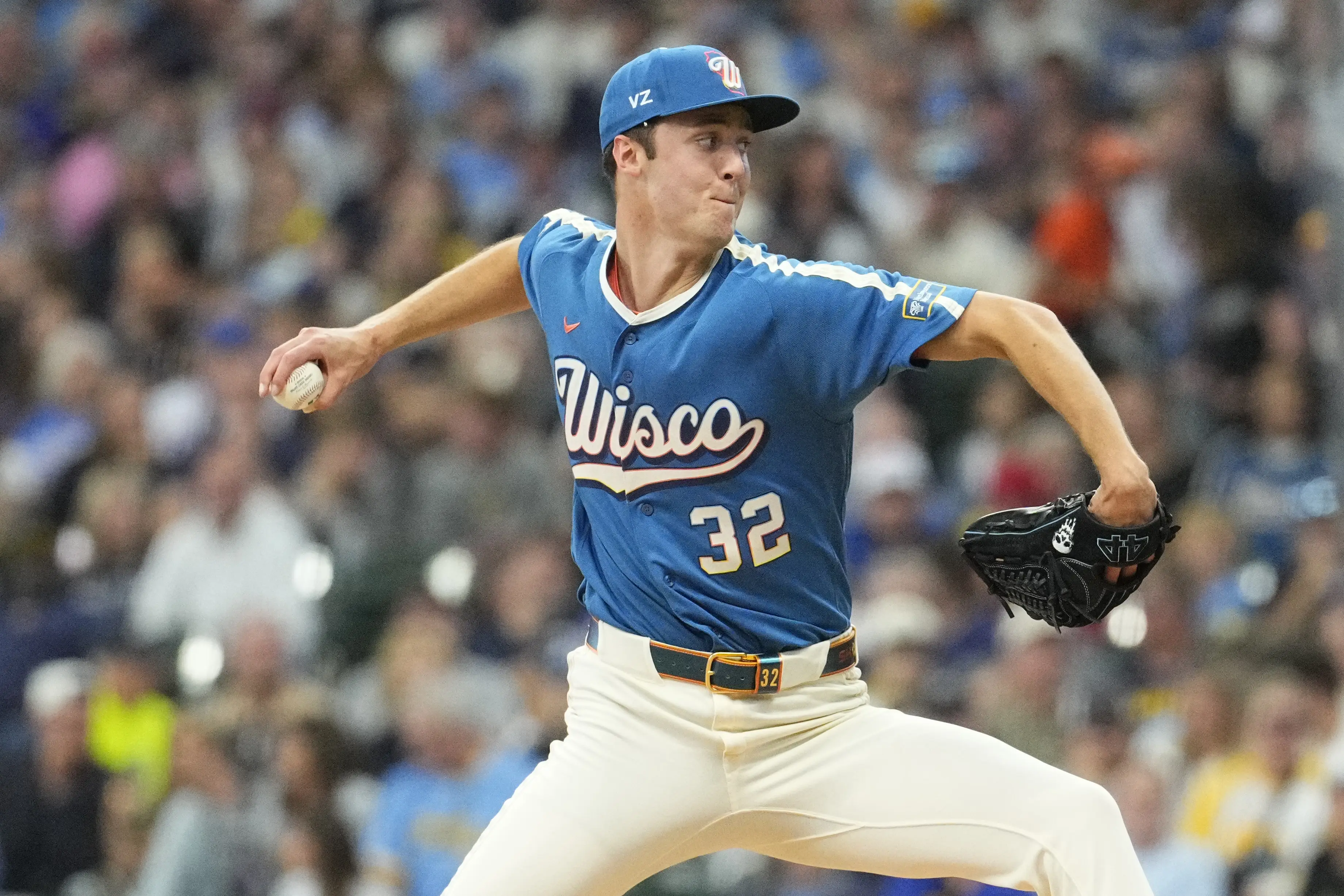 Milwaukee Brewers starting pitcher Jacob Misiorowski delivering a pitch vs the Chicago Cubs during the first inning at American Family Field in Milwaukee, Wisconsin, on June 26, 2026.