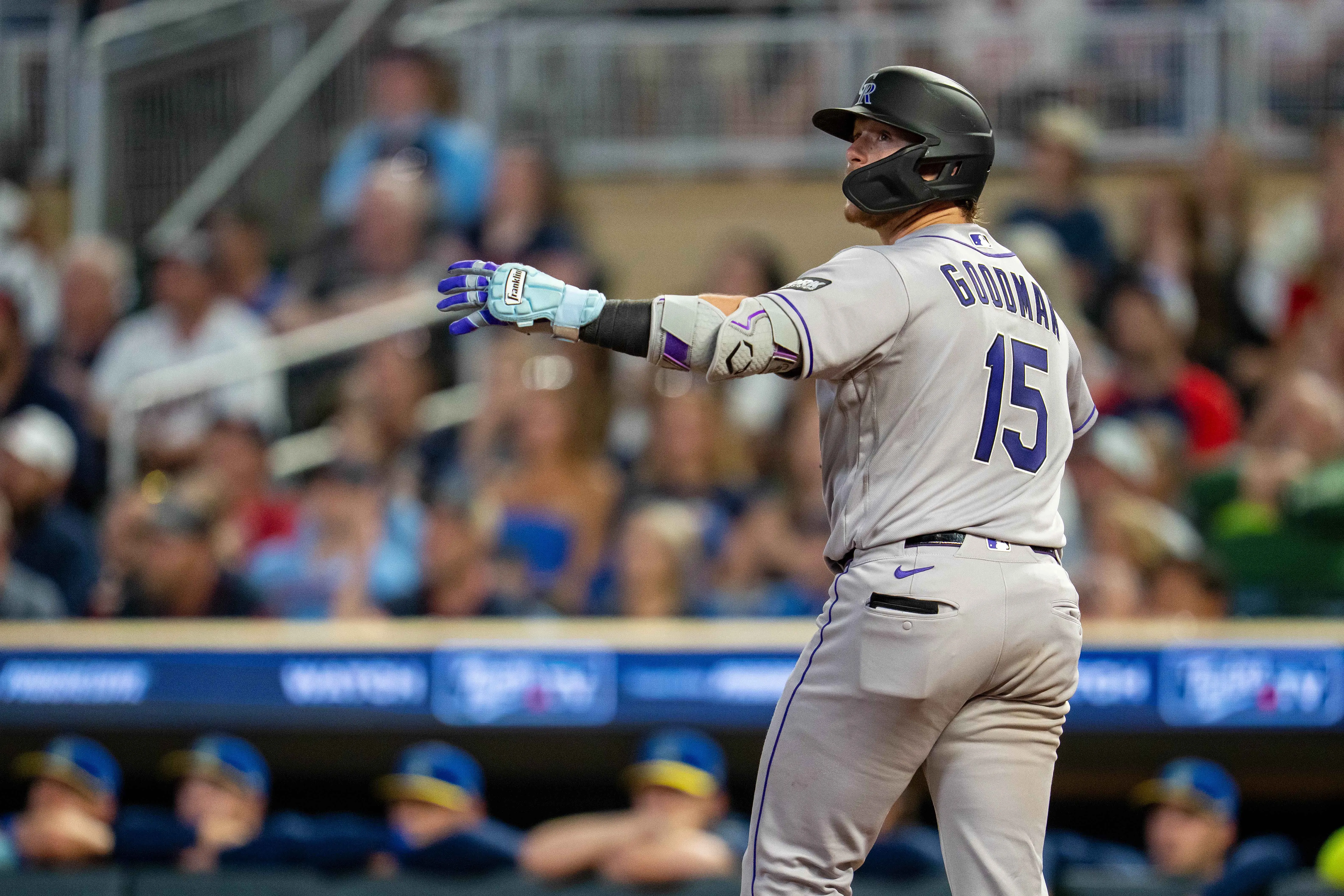 Colorado Rockies catcher Hunter Goodman looks on after hitting a two-run home run vs the Minnesota Twins at Target Field in Minneapolis, Minnesota on June 26, 2026