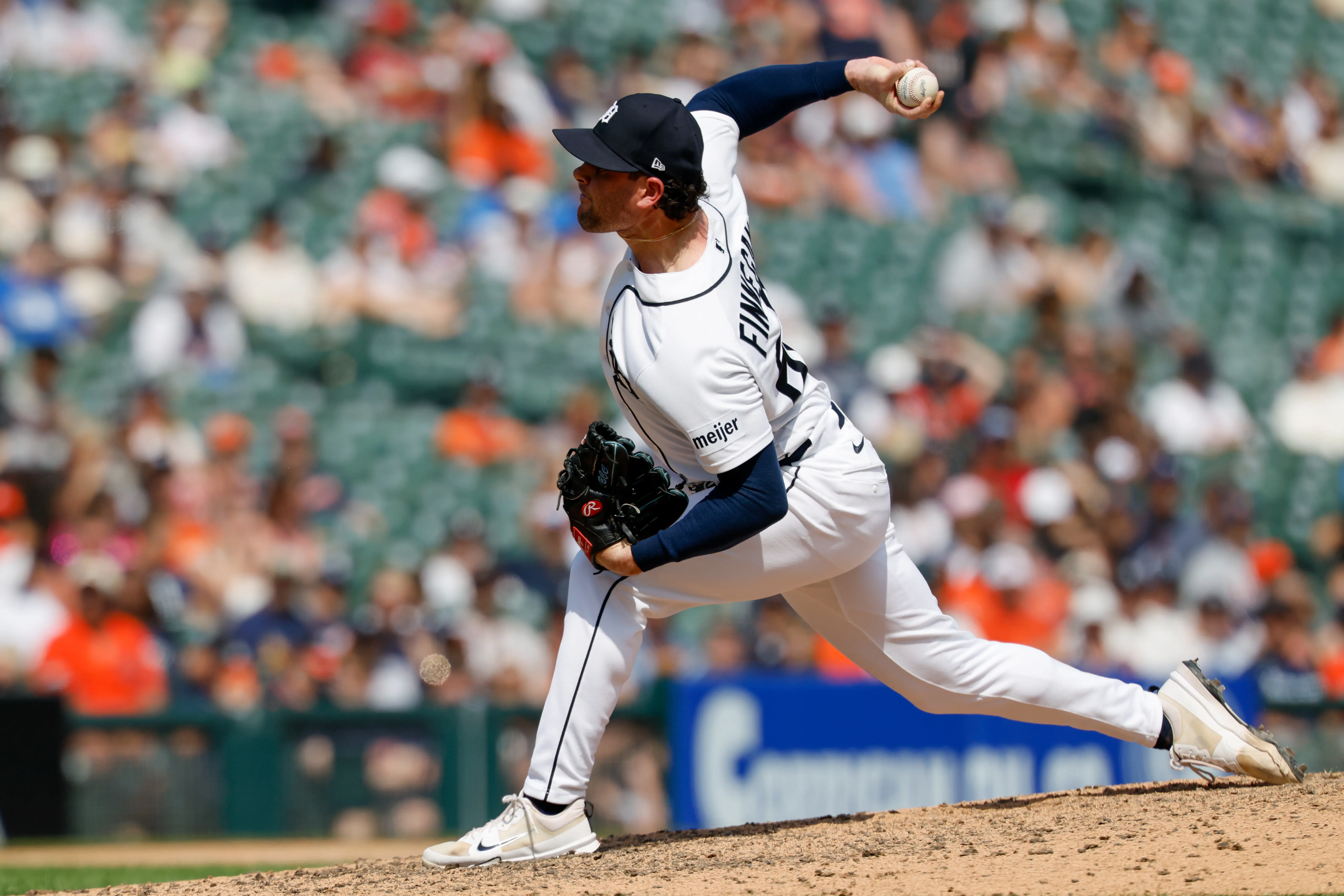 Detroit Tigers bullpen pitcher Kyle Finnegan pitching during the eighth inning vs the Houston Astros at Comerica Park in Detroit, Michigan on June 28, 2026.