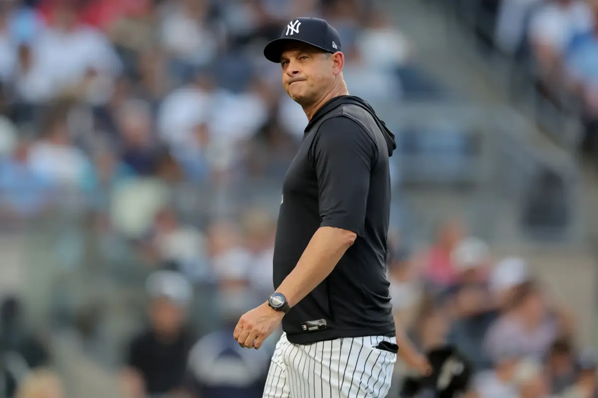Yankees manager Aaron Boone (17) reacts after making a pitching change during the second inning against the Detroit Tigers at Yankee Stadium.