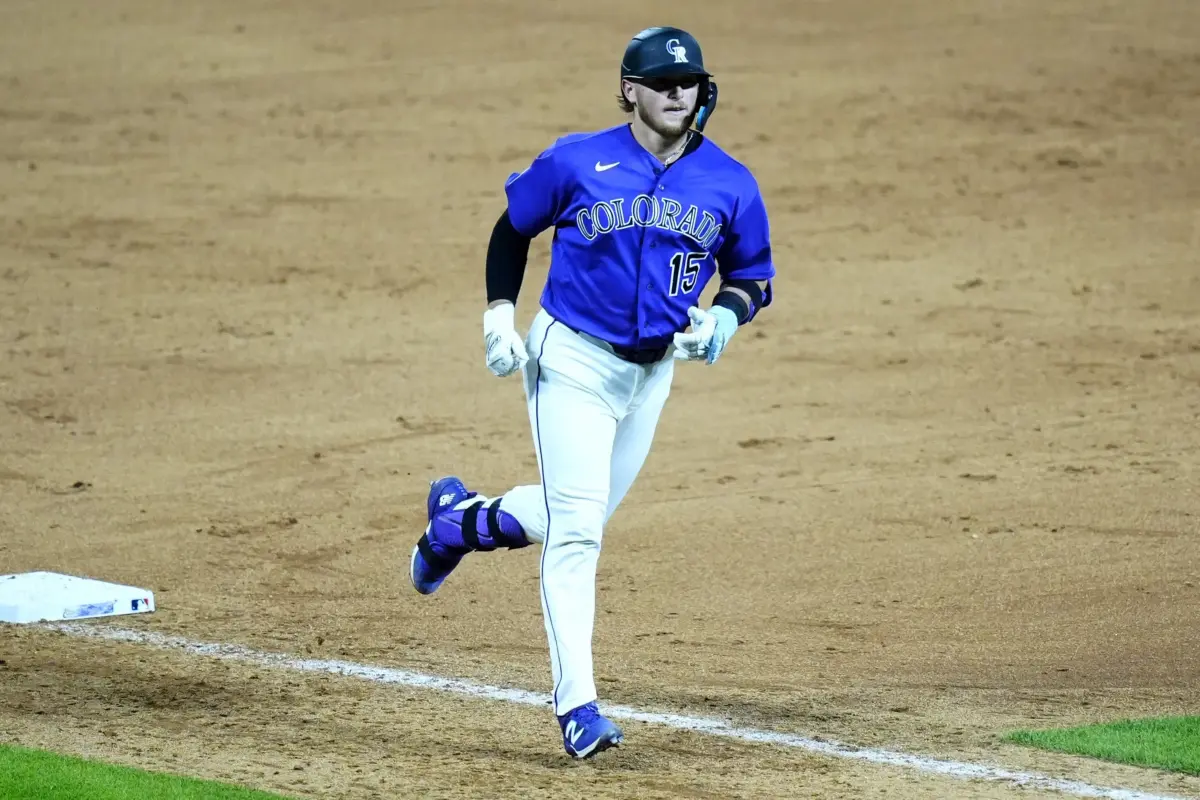 Colorado Rockies catcher Hunter Goodman rounding third after hitting a solo home run in the seventh inning vs the Miami Marlins at Coors Field in Denver, Colorado on June 29, 2026.