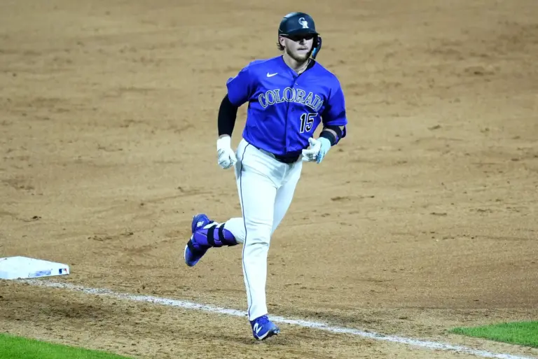 Colorado Rockies catcher Hunter Goodman rounding third after hitting a solo home run in the seventh inning vs the Miami Marlins at Coors Field in Denver, Colorado on June 29, 2026.