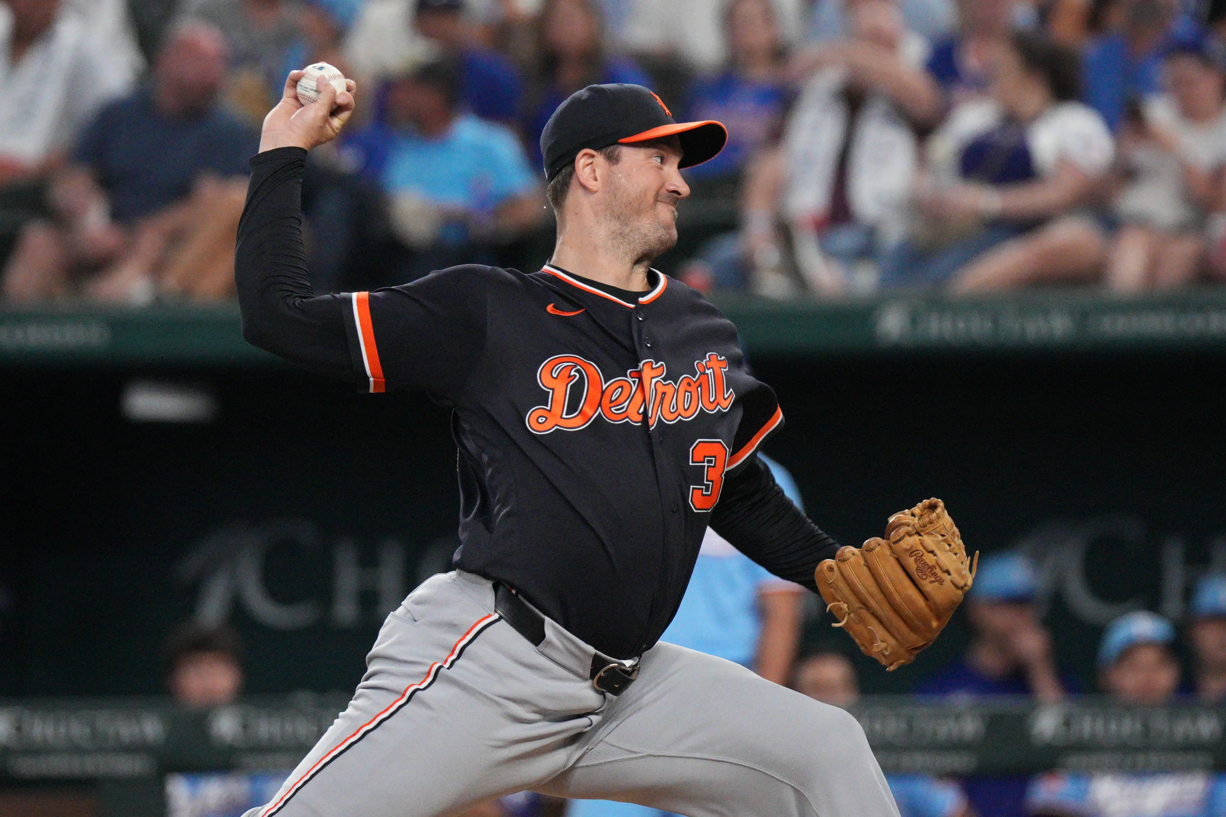 Tigers pitcher Drew Anderson (38) throws to the plate against the Texas Rangers during the eighth inning at Globe Life Field.