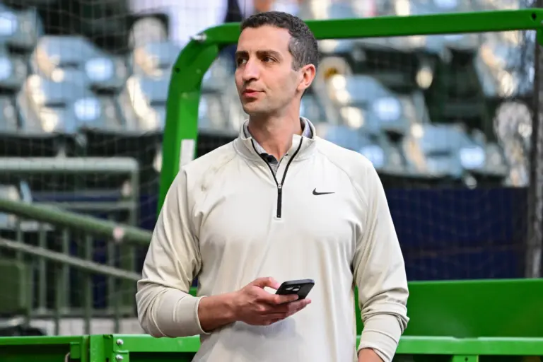 Trade deadline time: Mets president of baseball operations David Sterns watches batting practice before a game against the Milwaukee Brewers at American Family Field.
