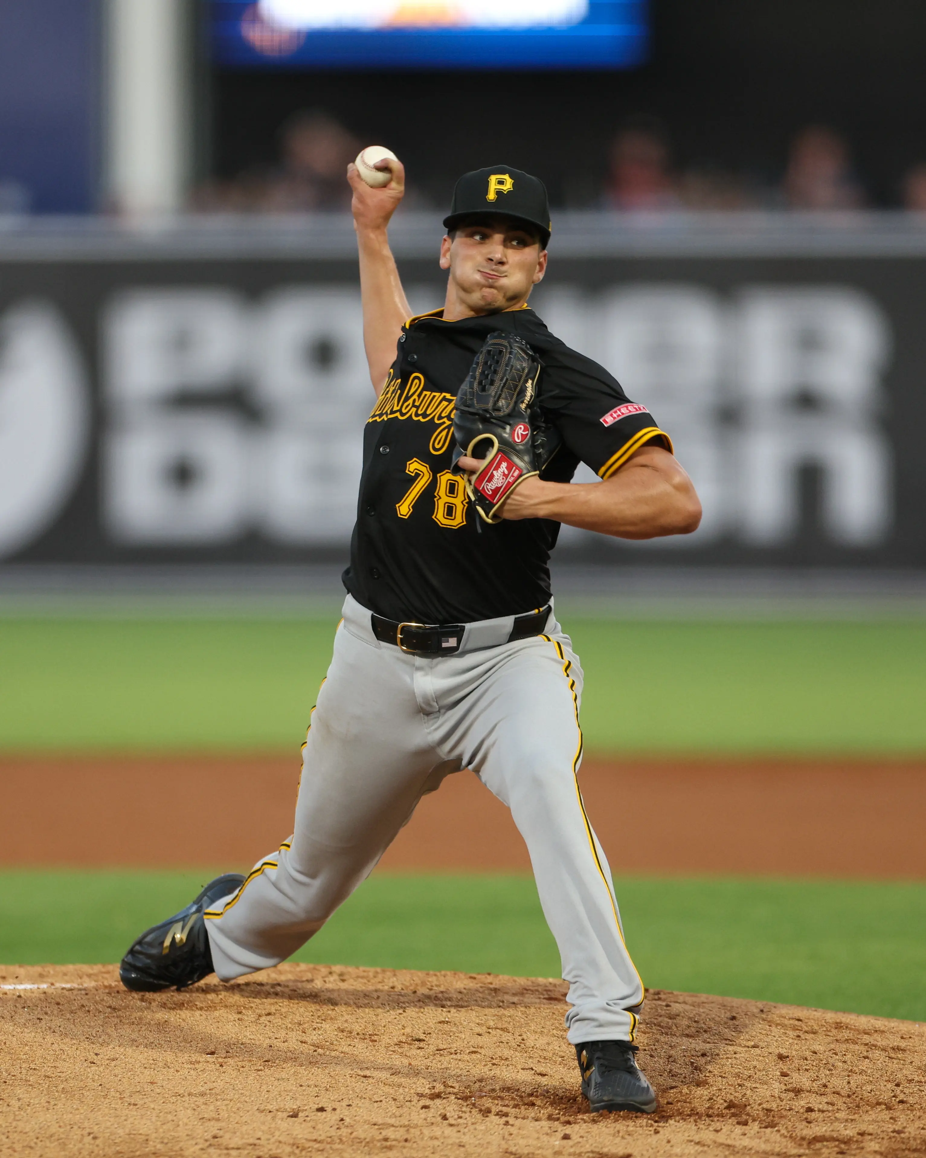 Pittsburgh Pirates starting pitcher Thomas Harrington pitching vs the Tampa Bay Rays during the second inning at George M. Steinbrenner Field in St. Petersburg, Florida on April 1, 2025.