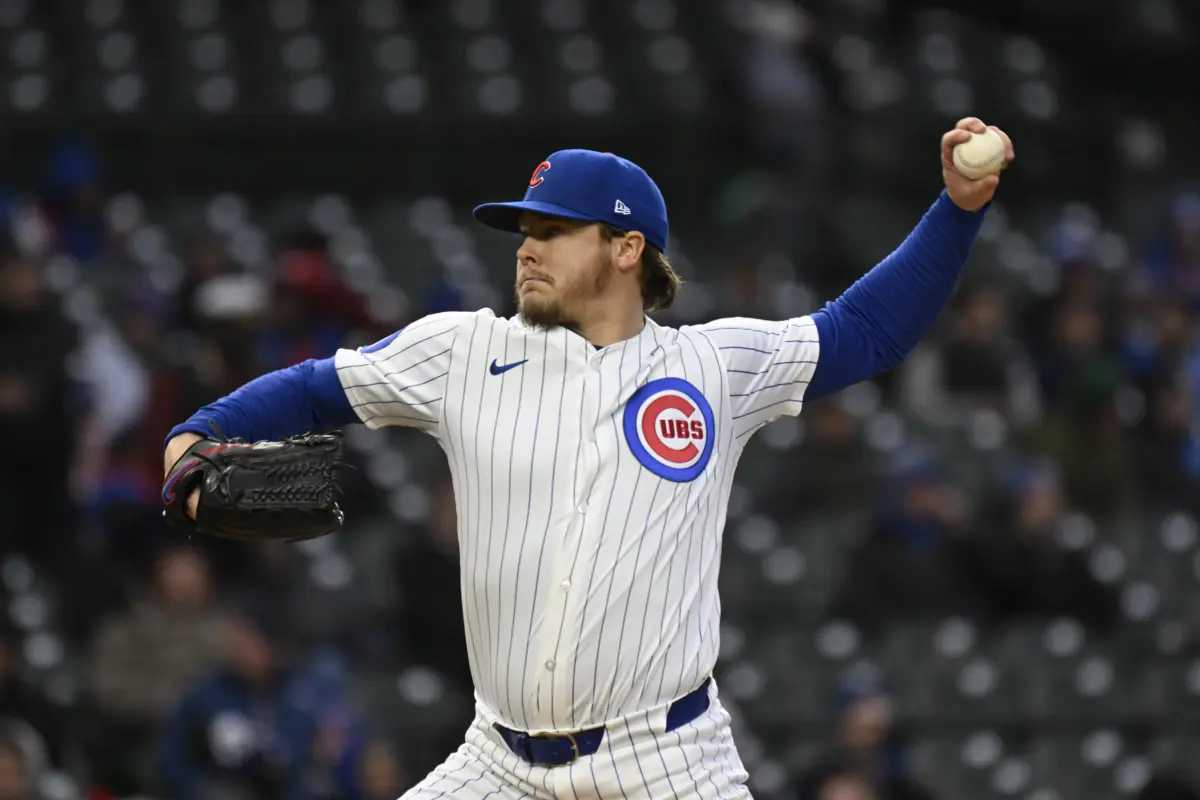 Chicago Cubs starting pitcher Justin Steele pitching vs the Texas Rangers during the first inning at Wrigley Field in Chicago, Illinois on April 7, 2025.
