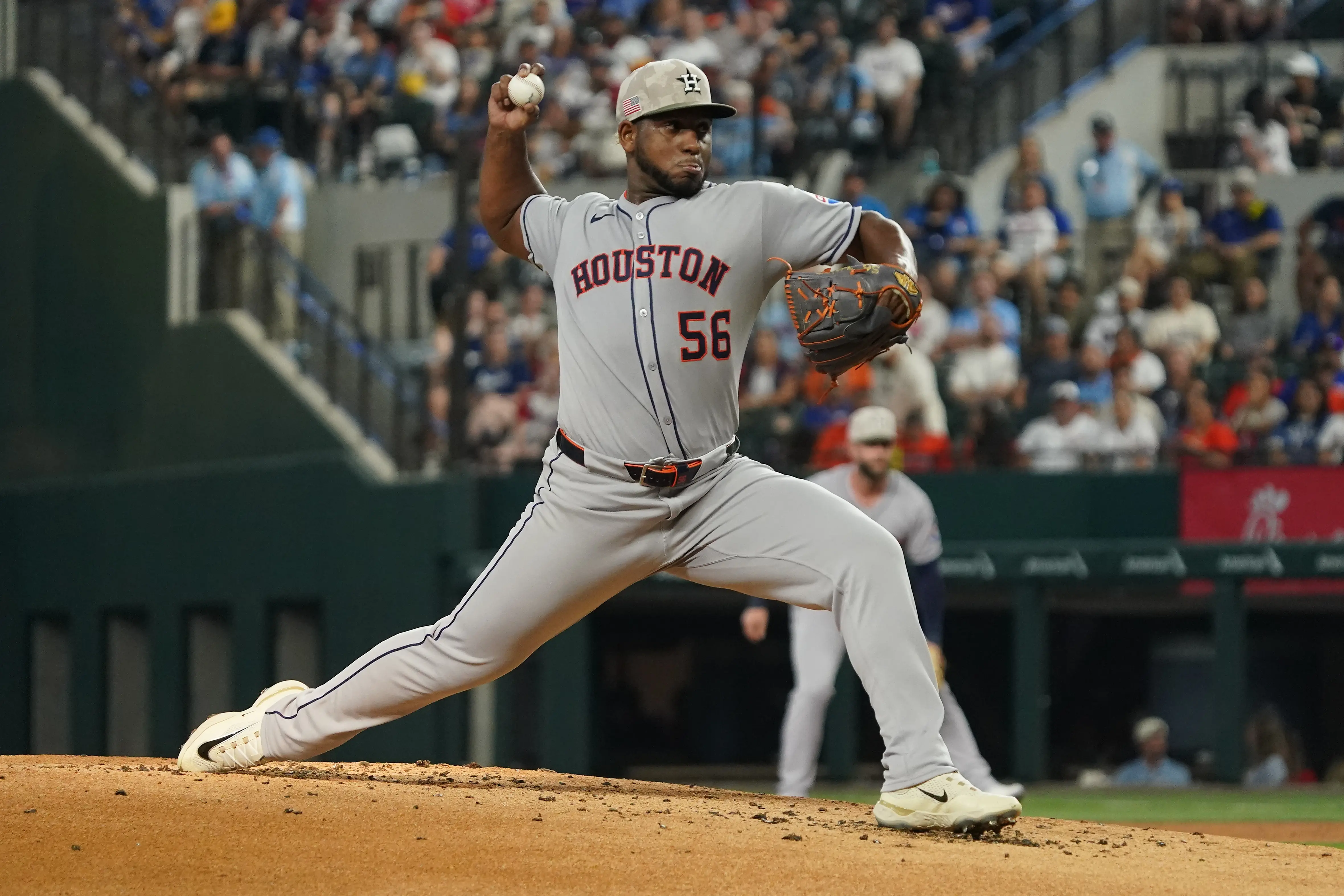Houston Astros pitcher Ronel Blanco pitching during the first inning against the Texas Rangers at Globe Life Field in Arlington, Texas on May 17, 2025.