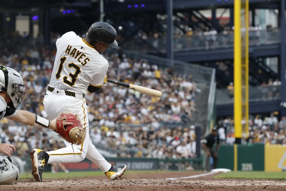 Pittsburgh Pirates third baseman Ke'Bryan Hayes hits a two-run double vs the Chicago White Sox during the fourth inning at PNC Park in Pittsburgh, Pennsylvania on July 19, 2025.