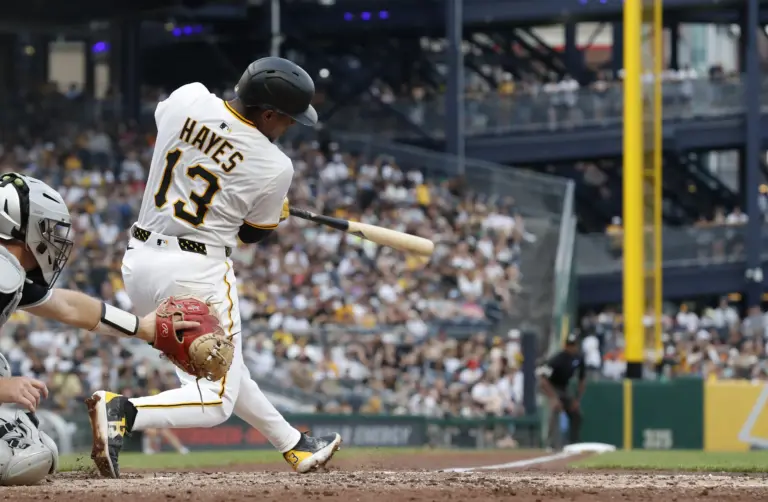 Pittsburgh Pirates third baseman Ke'Bryan Hayes hits a two-run double vs the Chicago White Sox during the fourth inning at PNC Park in Pittsburgh, Pennsylvania on July 19, 2025.