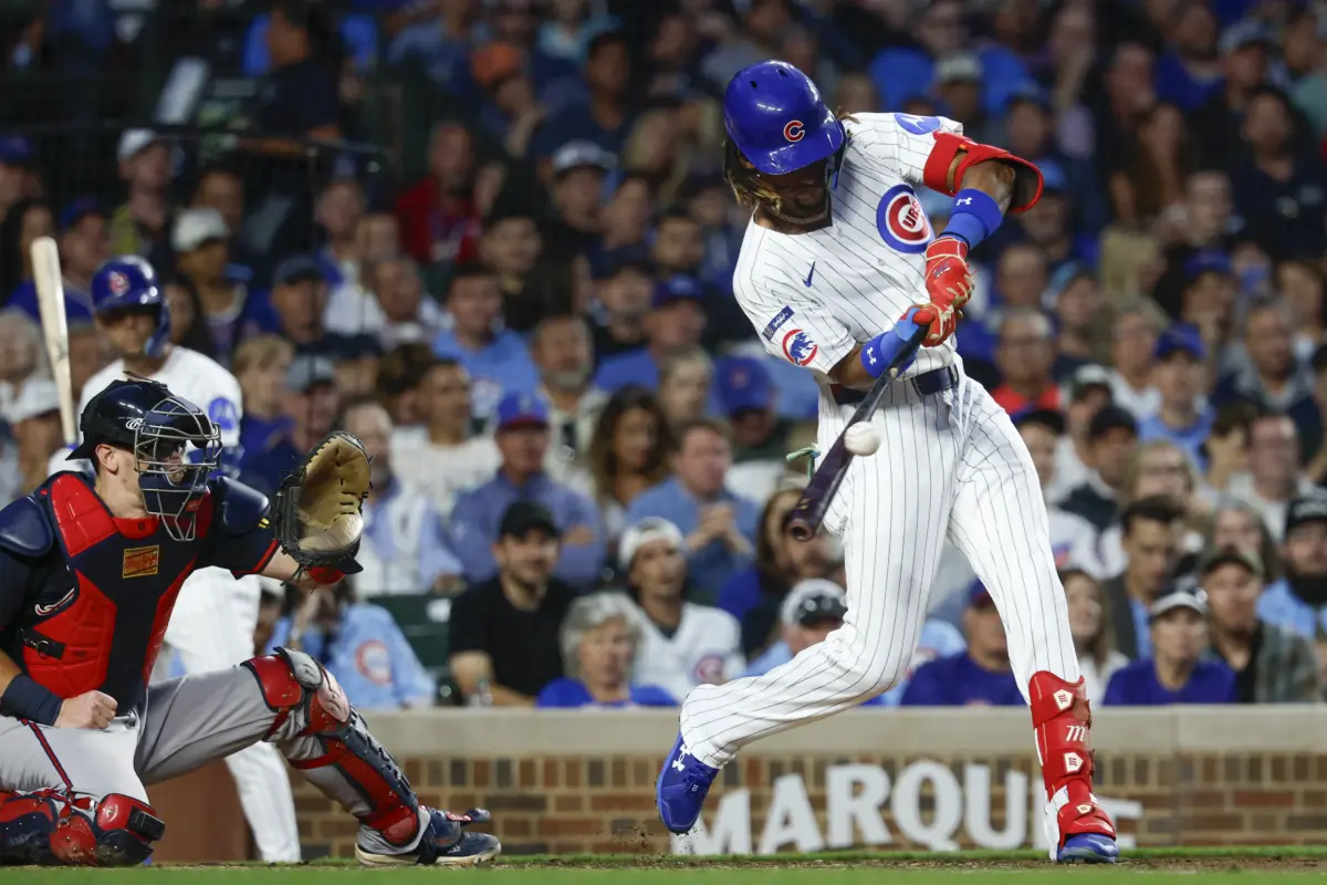 Chicago Cubs center fielder Kevin Alcántara singles during the third inning vs the Washington Nationals at Wrigley Field in Chicago, Illinois, on September 5, 2025.