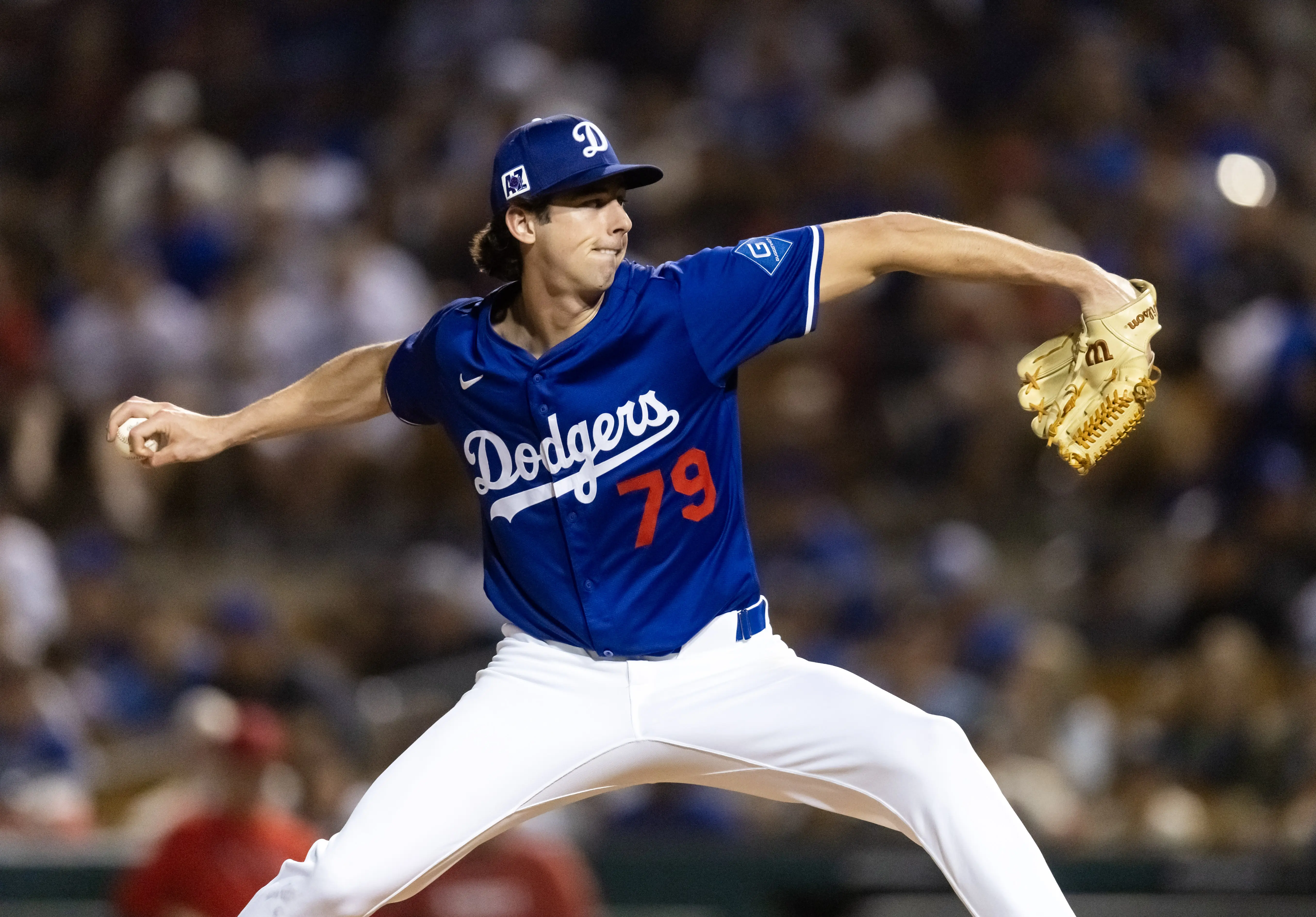 Los Angeles Dodgers reliever Nick Frasso pitching vs the Los Angeles Angels.