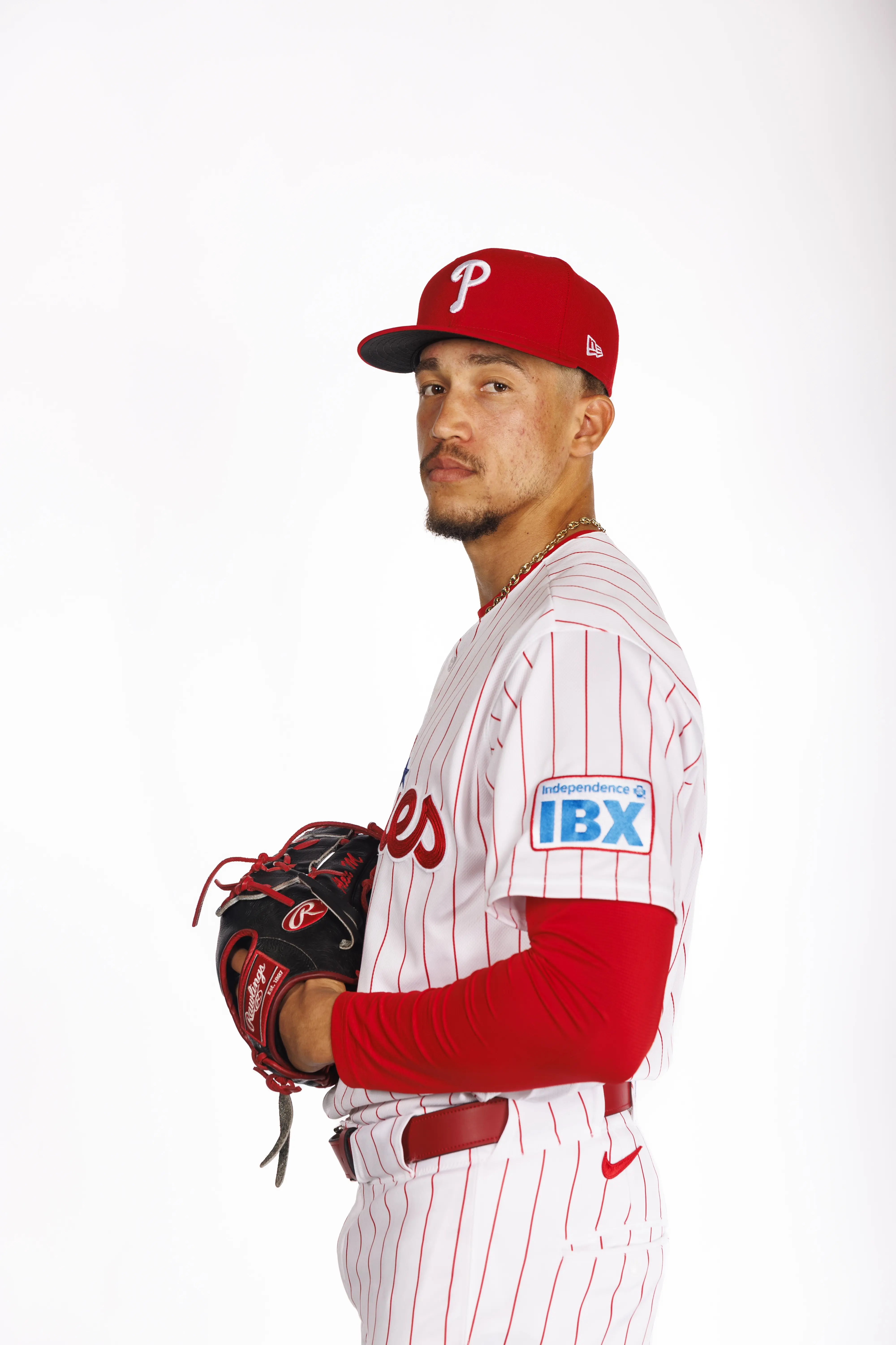 Philadelphia Phillies reliever Alex Mcfarlane posing for media day.
