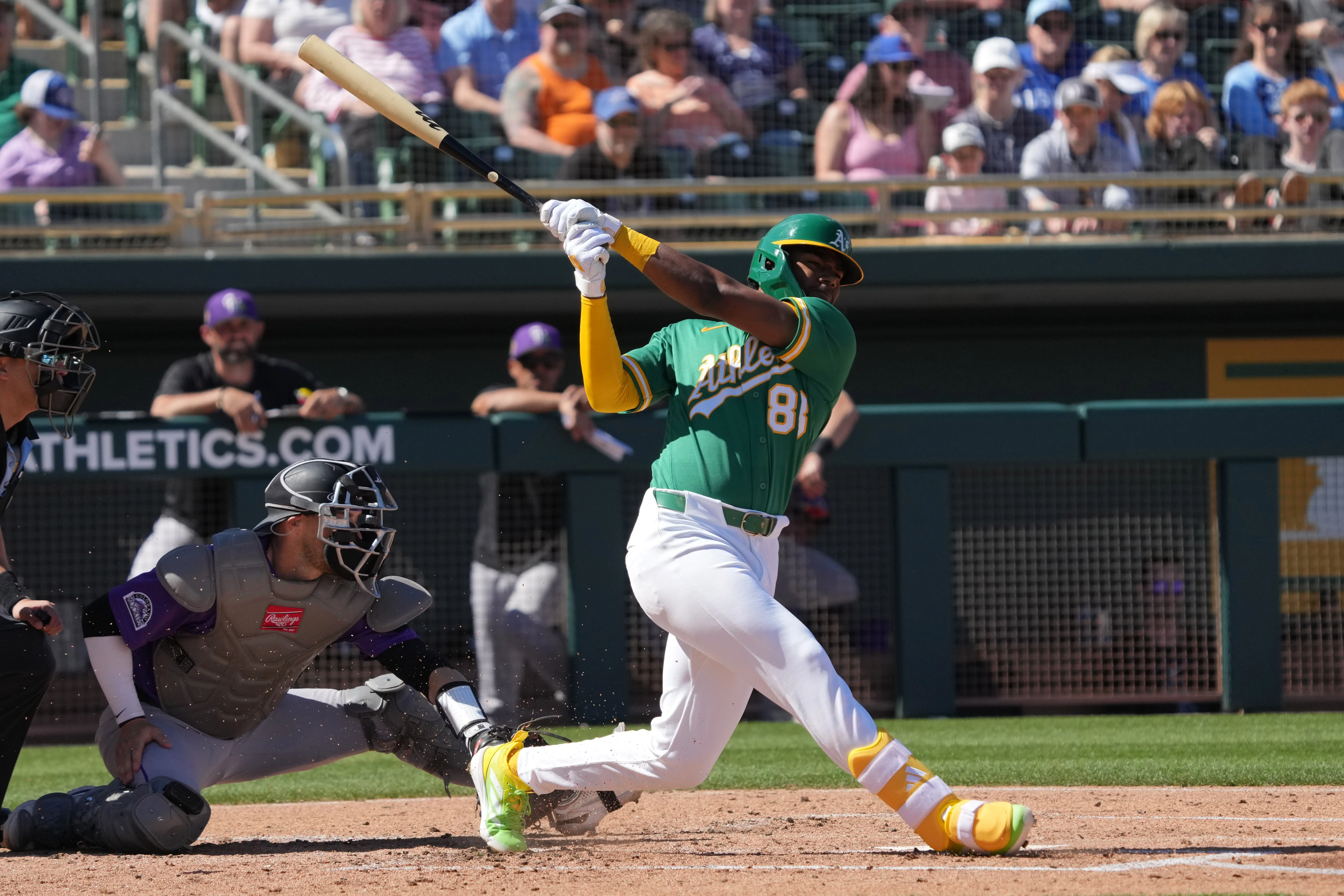Athletics shortstop Leo De Vries during an at-bat vs the Colorado Rockies. The A's paid a steep price to acquire De Vries from the San Diego Padres at last year's Trade Deadline.