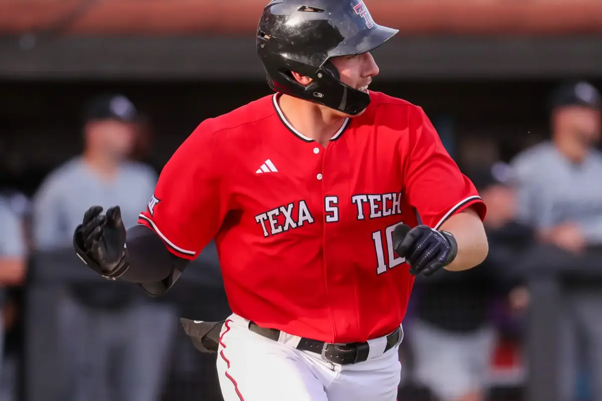 Texas Tech's and Houston Astros first round draft pick Logan Hughes runs to first base after an at-bat vs the Abilene Christian Wildcats during a non-conference division 1 baseball game at Rip Griffin Park on March 31, 2026 in Lubbock, Texas.