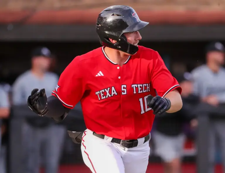 Texas Tech's and Houston Astros first round draft pick Logan Hughes runs to first base after an at-bat vs the Abilene Christian Wildcats during a non-conference division 1 baseball game at Rip Griffin Park on March 31, 2026 in Lubbock, Texas.