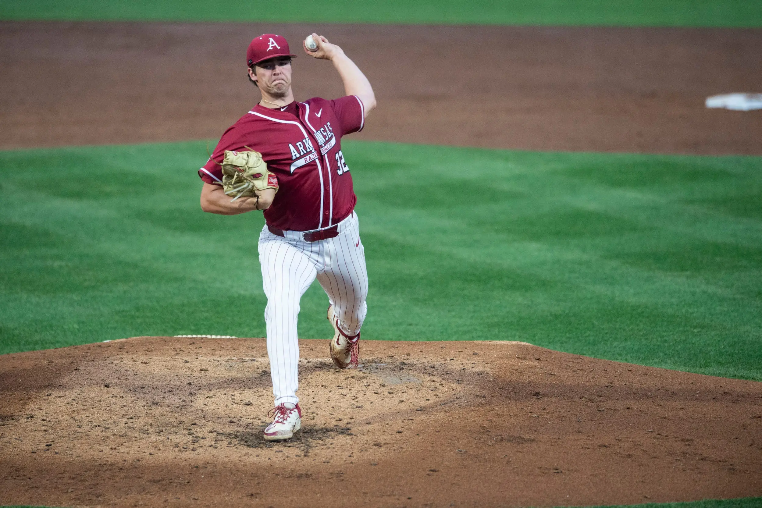 New York Yankees first round selection and Arkansas Razorbacks' starting pitcher Hunter Dietz pitching vs the Auburn Tigers at Plainsman Park in Auburn, Alabama, on April 3, 2026.