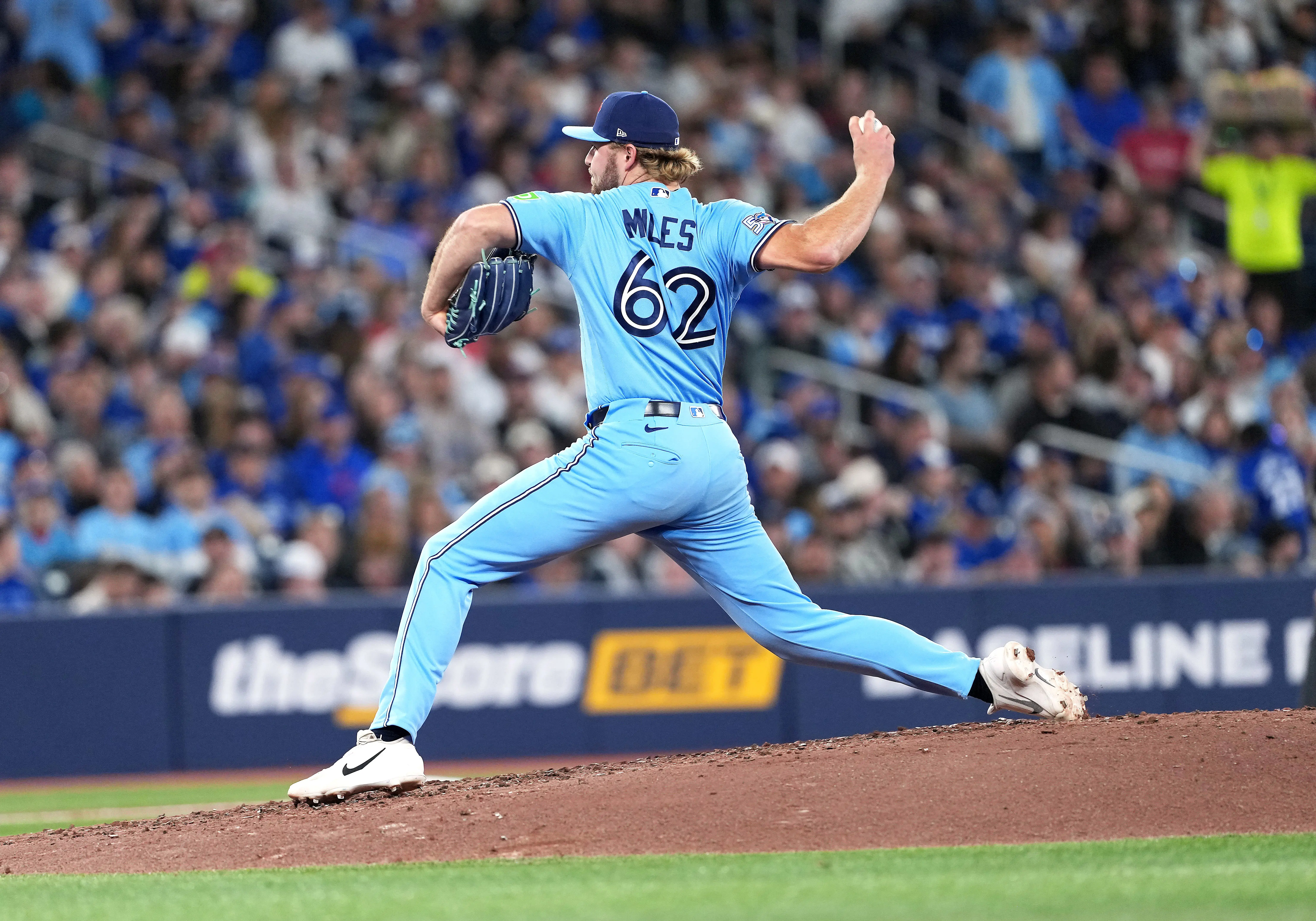 Blue Jays relief pitcher Spencer Miles (62) throws a pitch against the Minnesota Twins during he sixth inning at Rogers Centre.