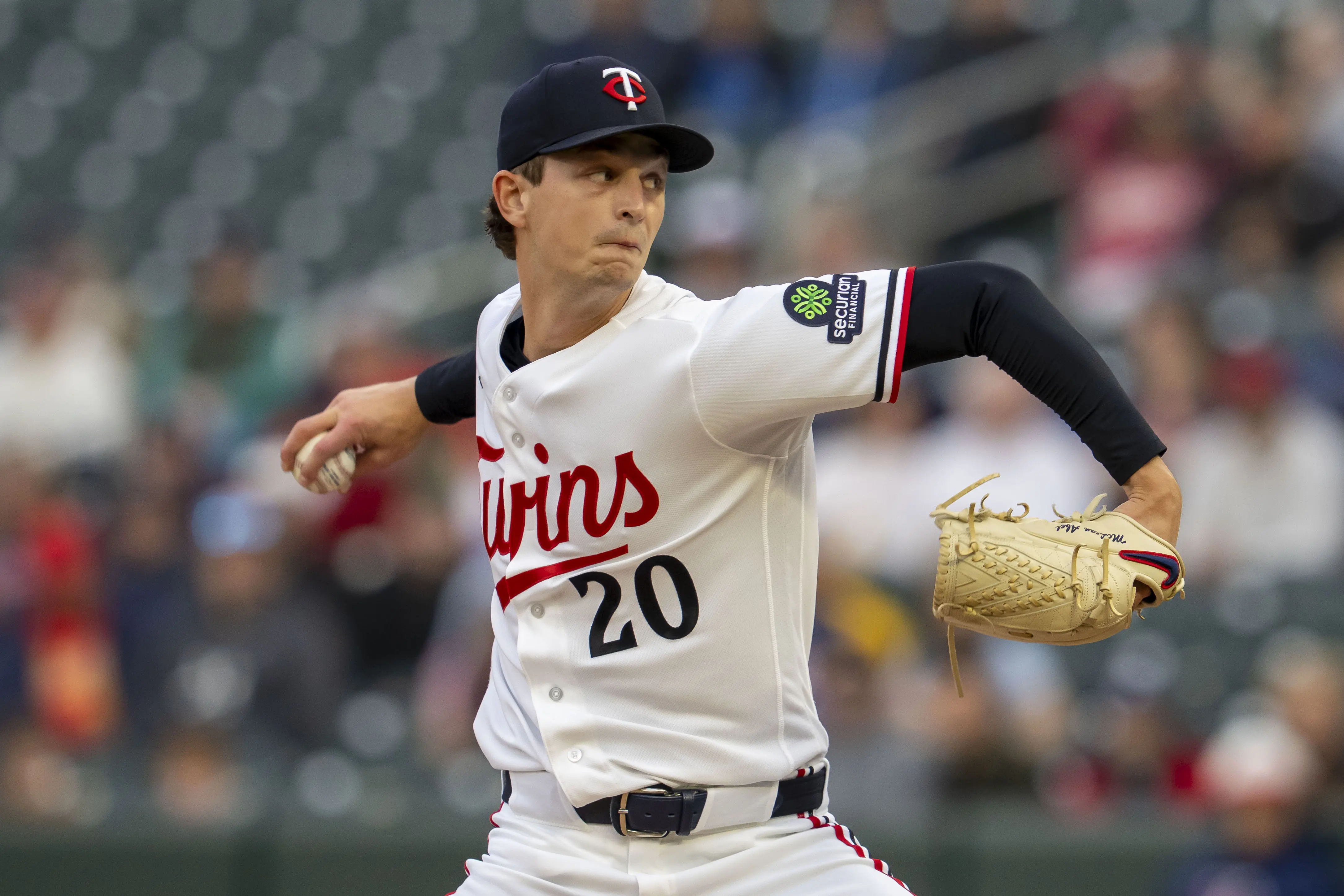 Minnesota Twins' starting pitcher Mick Abel pitching vs the Boston Red Sox.