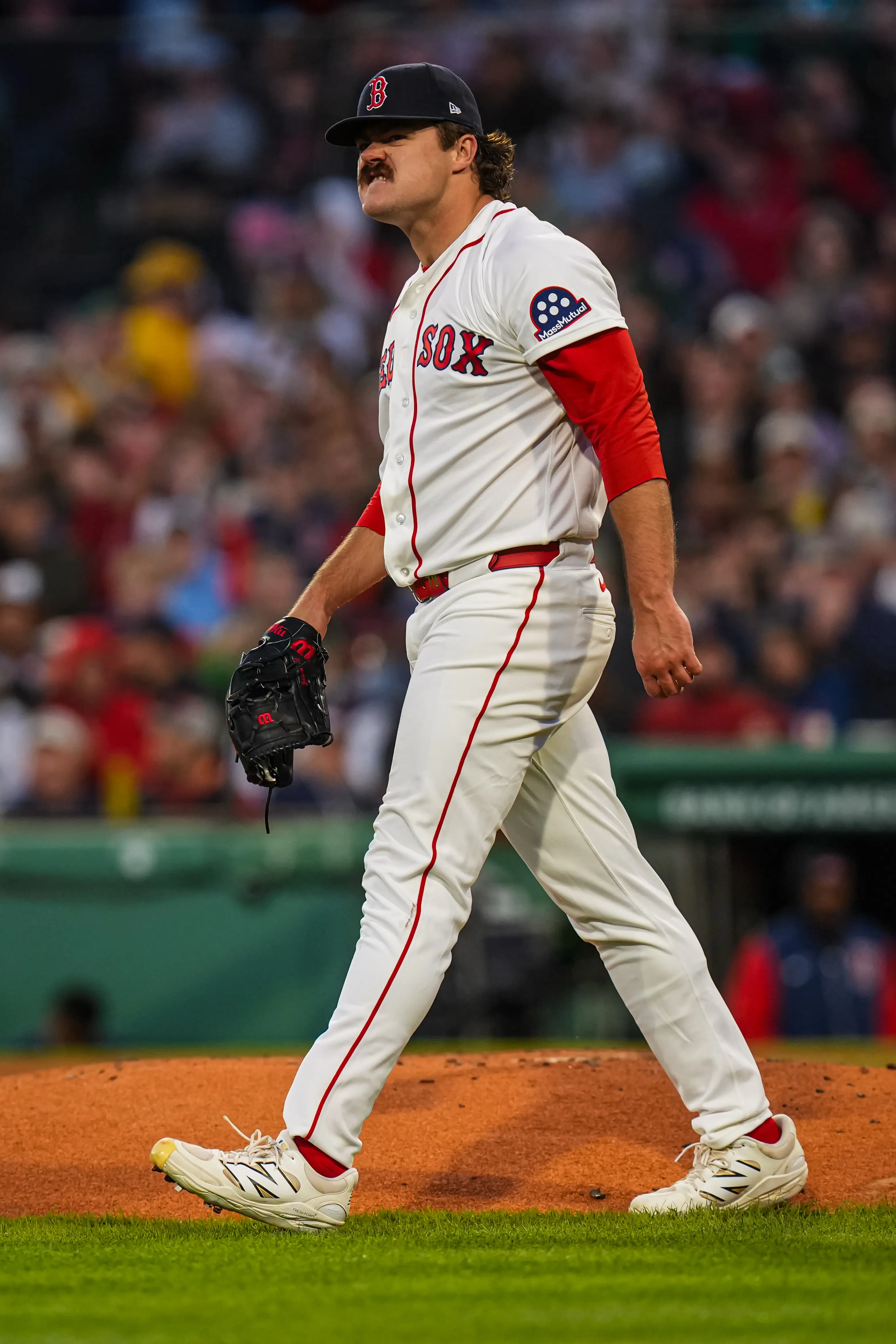 Boston Red Sox pitcher Payton Tolle reacting after striking out a New York Yankees' batter during the sixth inning at Fenway Park in Boston, Massachusetts on April 23, 2026.