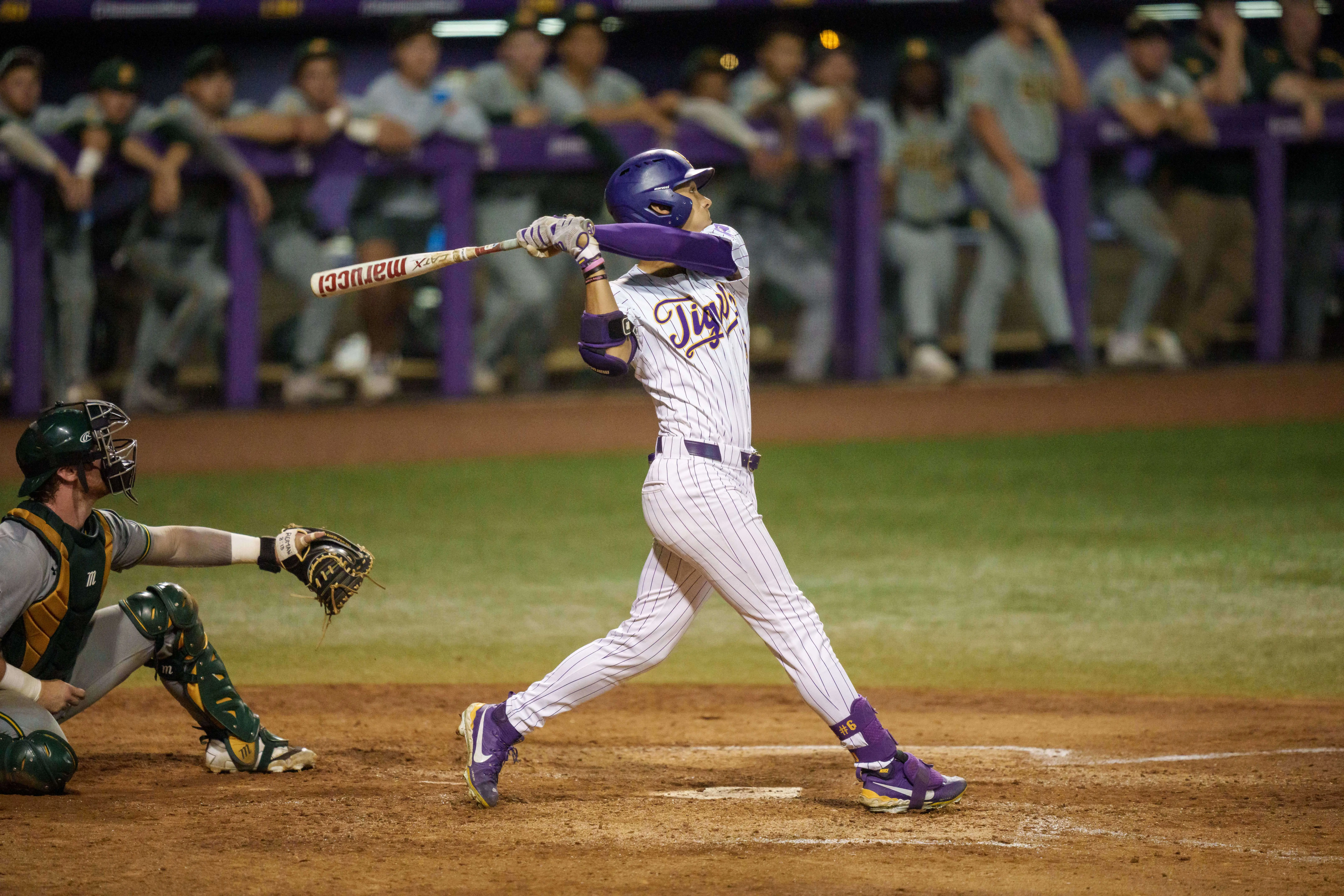 Louisiana State Tigers outfielder Derek Curiel during an at-bat vs the Southeastern Louisiana Lions at Alex Box Stadium in Baton Rouge, Louisiana on April 28, 2026.