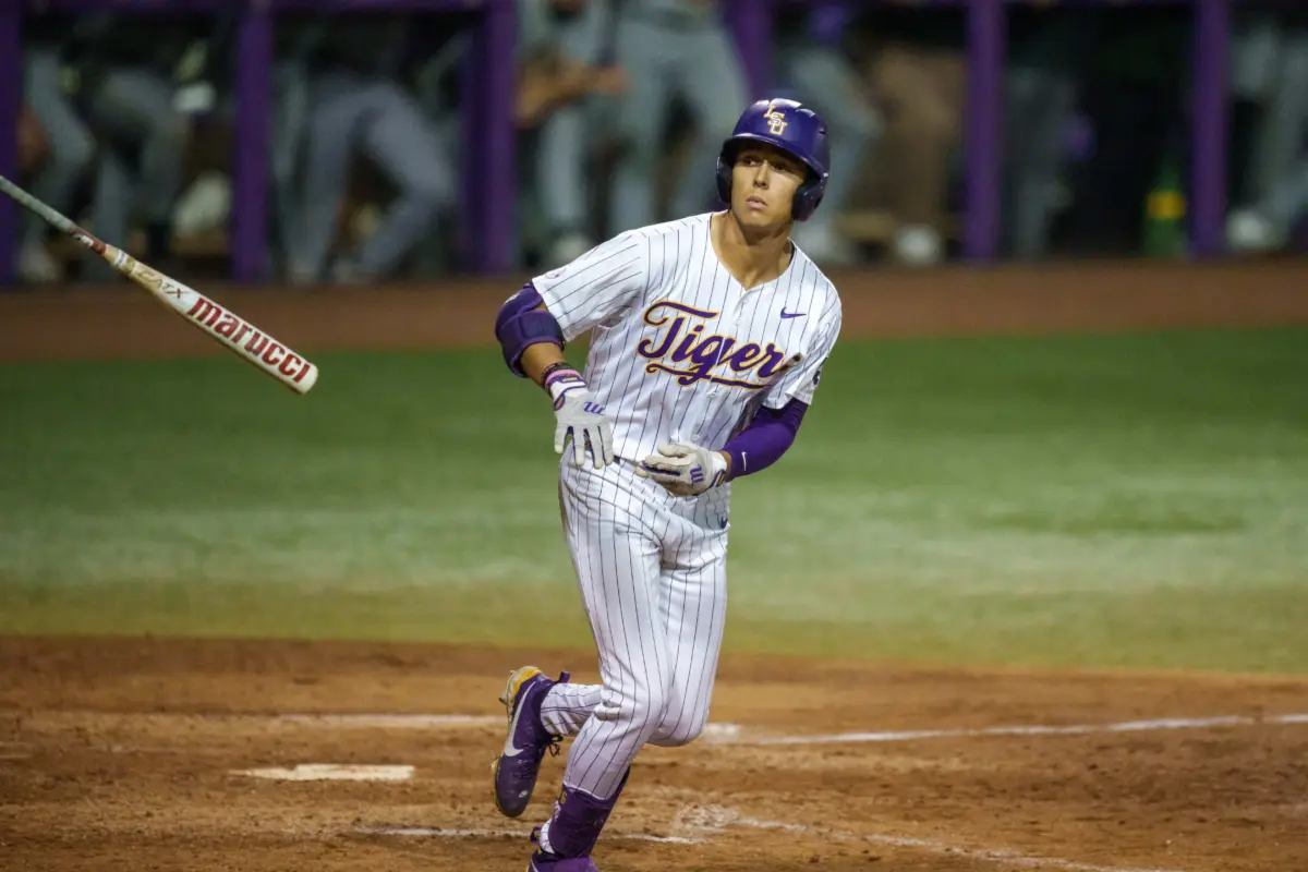 Louisiana State Tigers outfielder Derek Curiel walks against the Southeastern Louisiana Lions at Alex Box Stadium in Baton Rouge, Louisiana, on April 28, 2026.