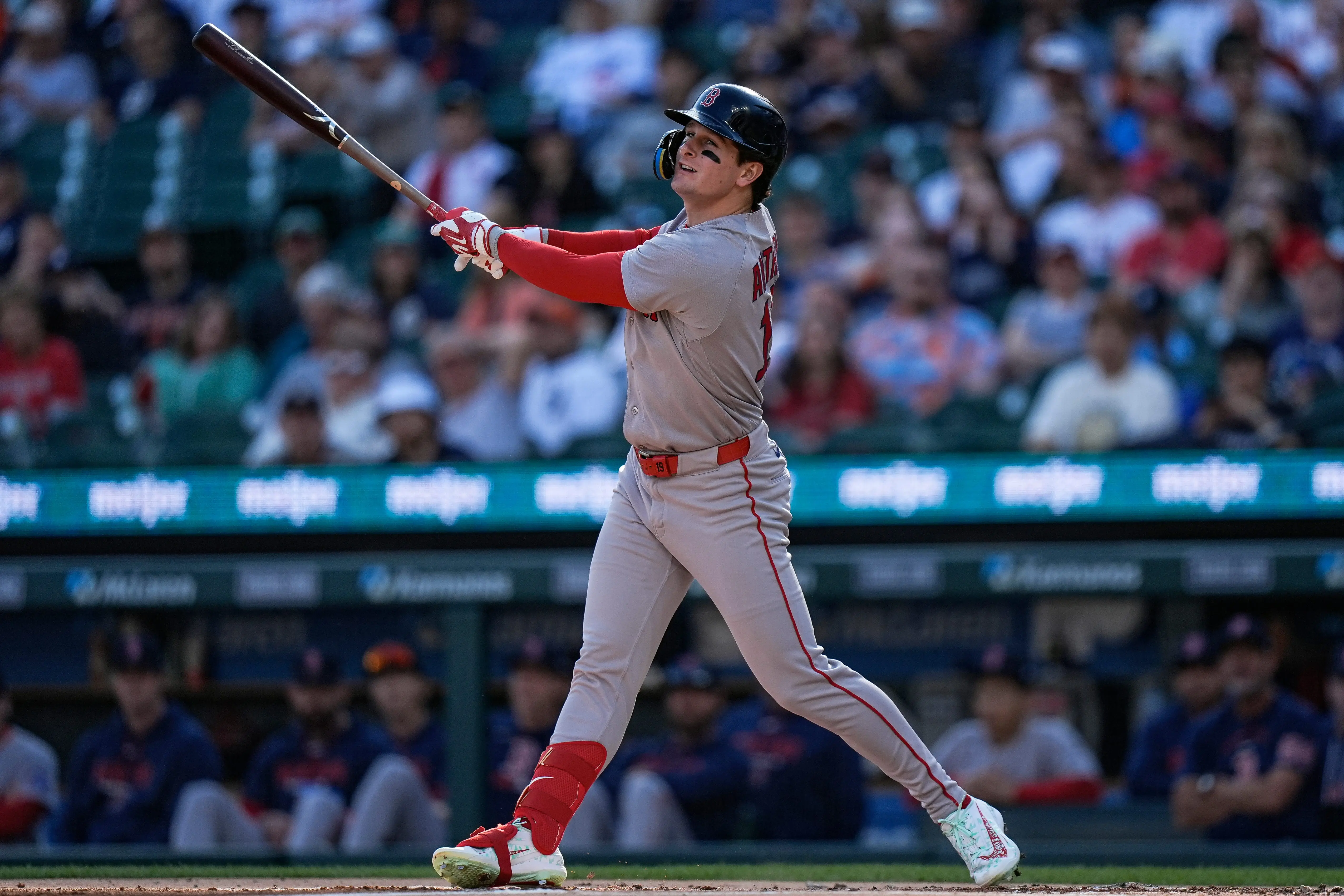 Boston Red Sox left fielder Roman Anthony looks on after recording a hit vs the Detroit Tigers during the first inning at Comerica Park in Detroit, Michigan on May 4, 2026