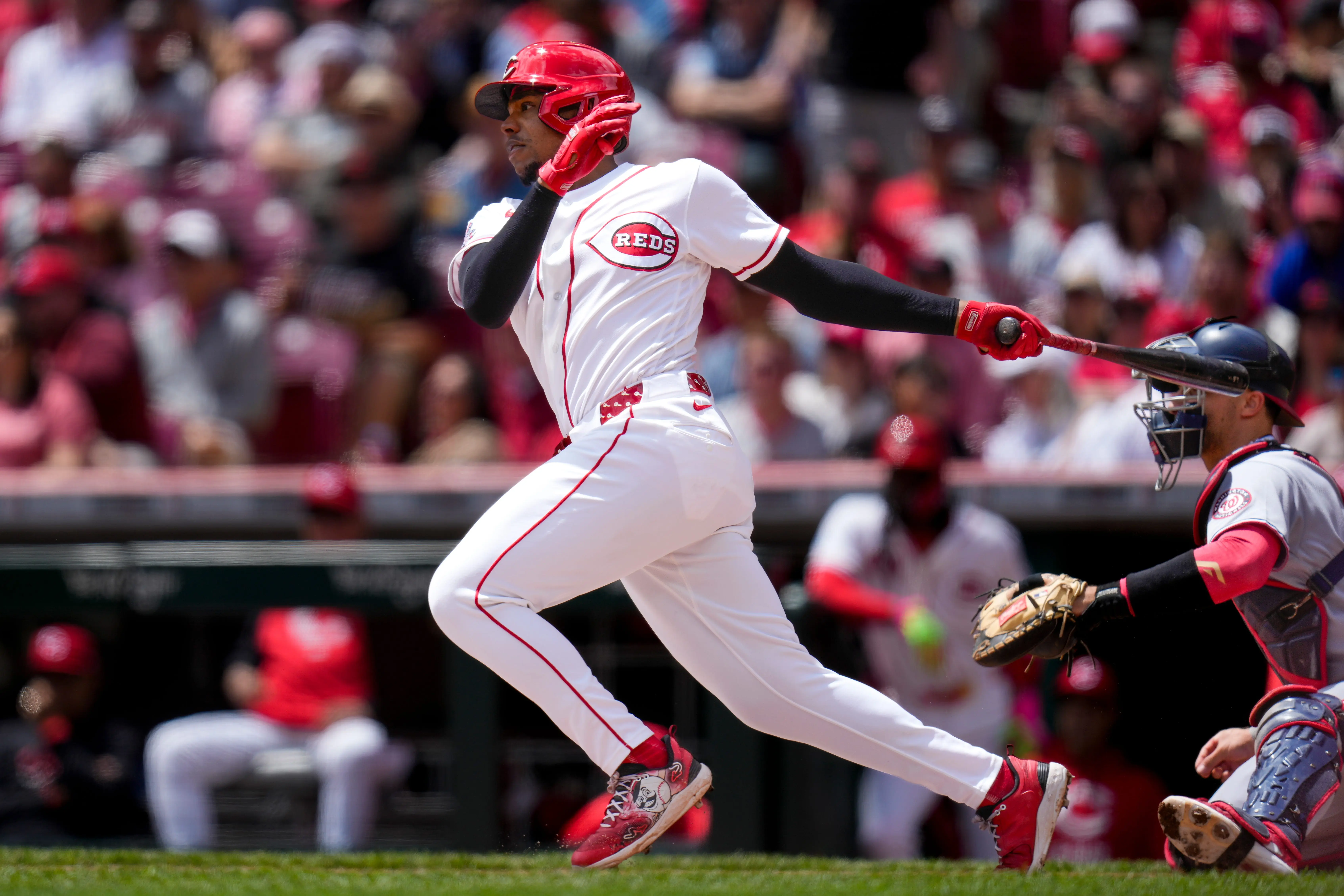 Cincinnati Reds third baseman Ke'Bryan Hayes runs for first after hitting a ground ball vs the Washington Nationals at Great American Ball Park in Cincinnati, Ohio on May 14, 2026.