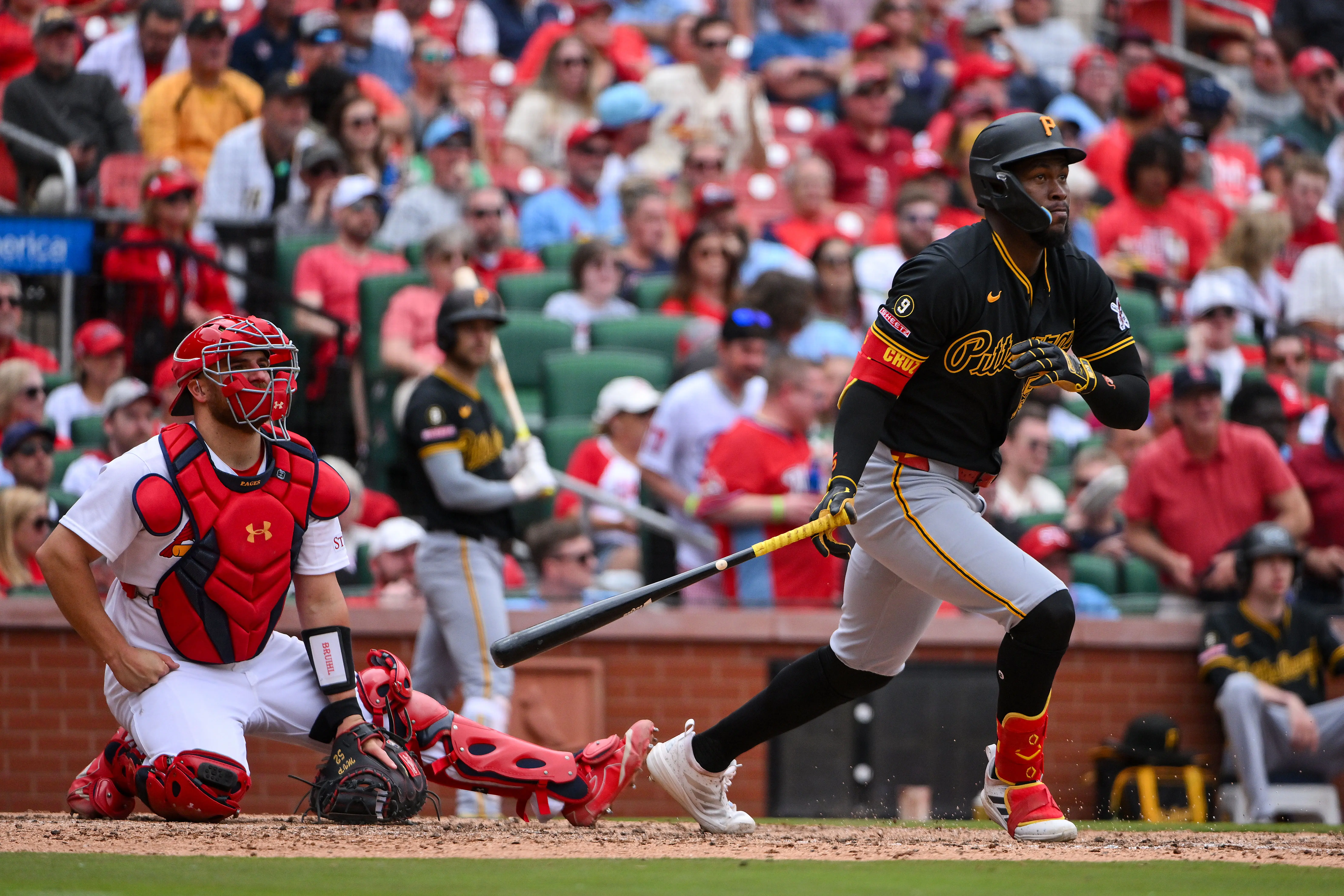 Pittsburgh Pirates center fielder Oneil Cruz hitting a double vs the St. Louis Cardinals.
